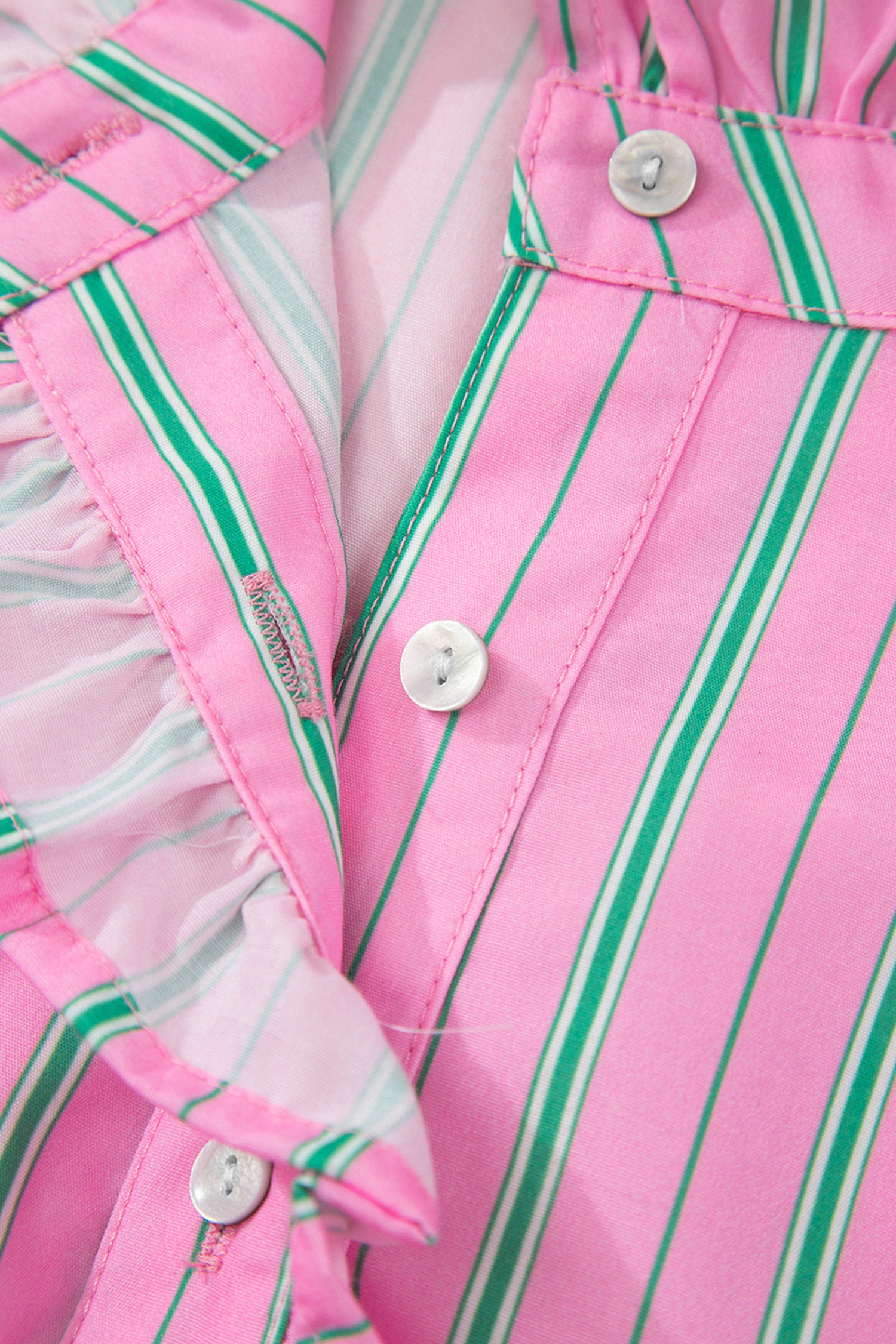 Pink Stripe Half Button Ruffle Trim Short Puff Sleeve Blouse