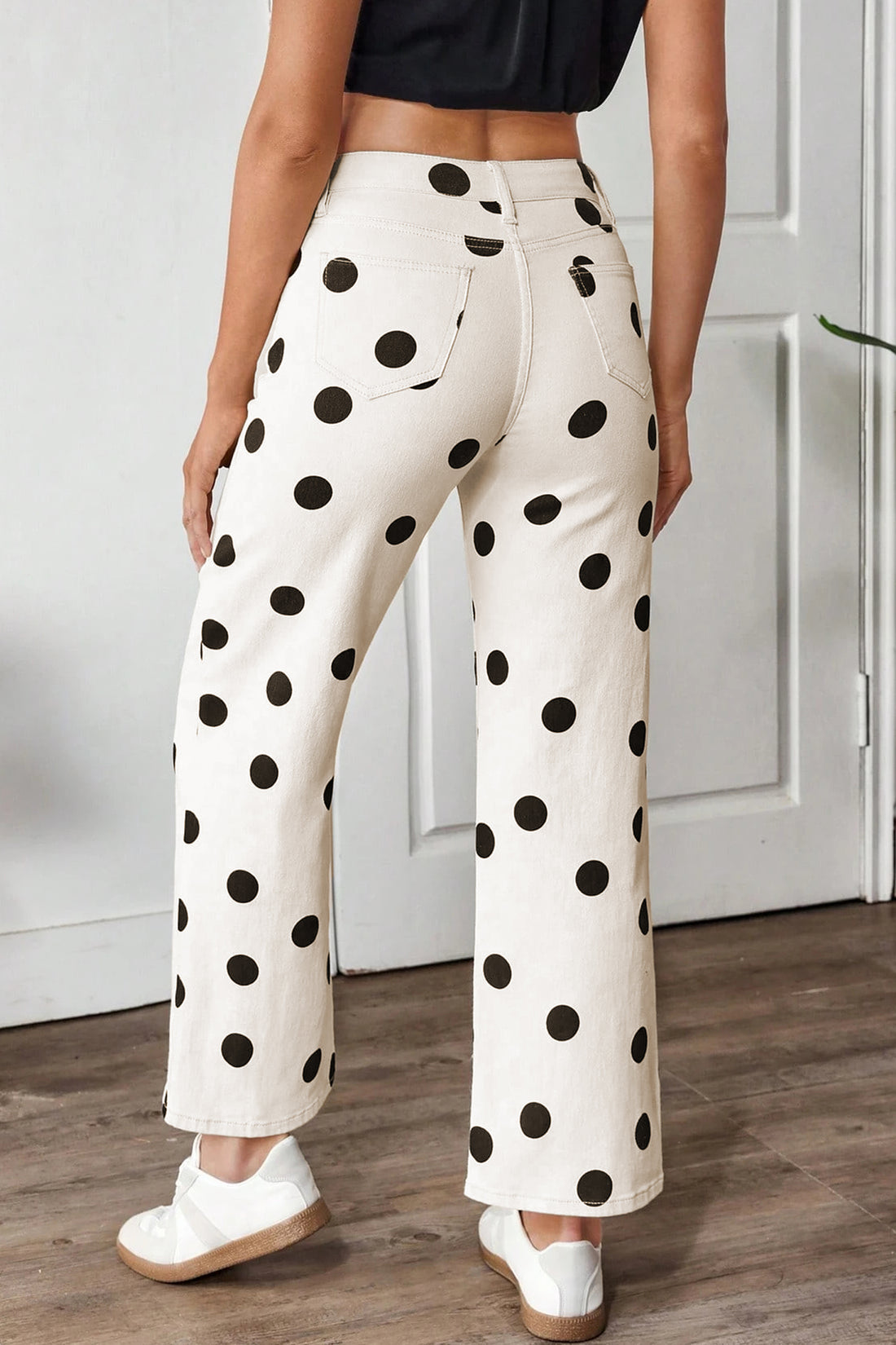 White Polka Dot Print Wide Leg Ankle-Length Jeans