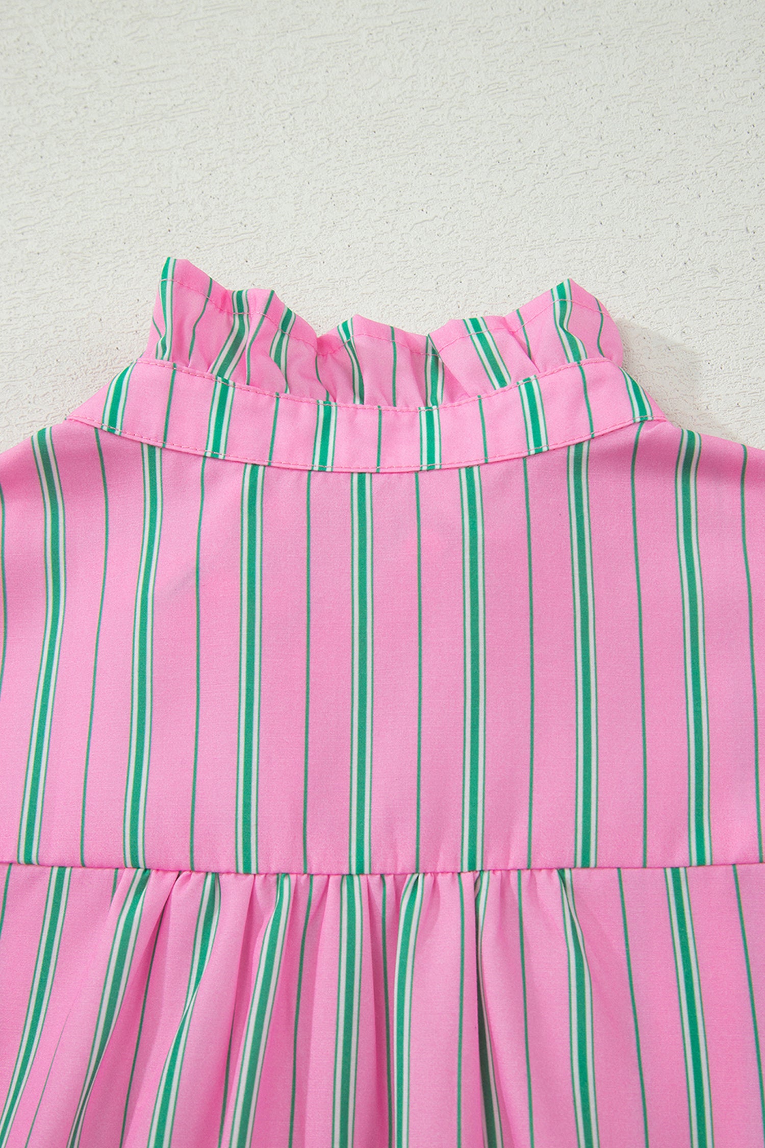 Pink Stripe Half Button Ruffle Trim Short Puff Sleeve Blouse
