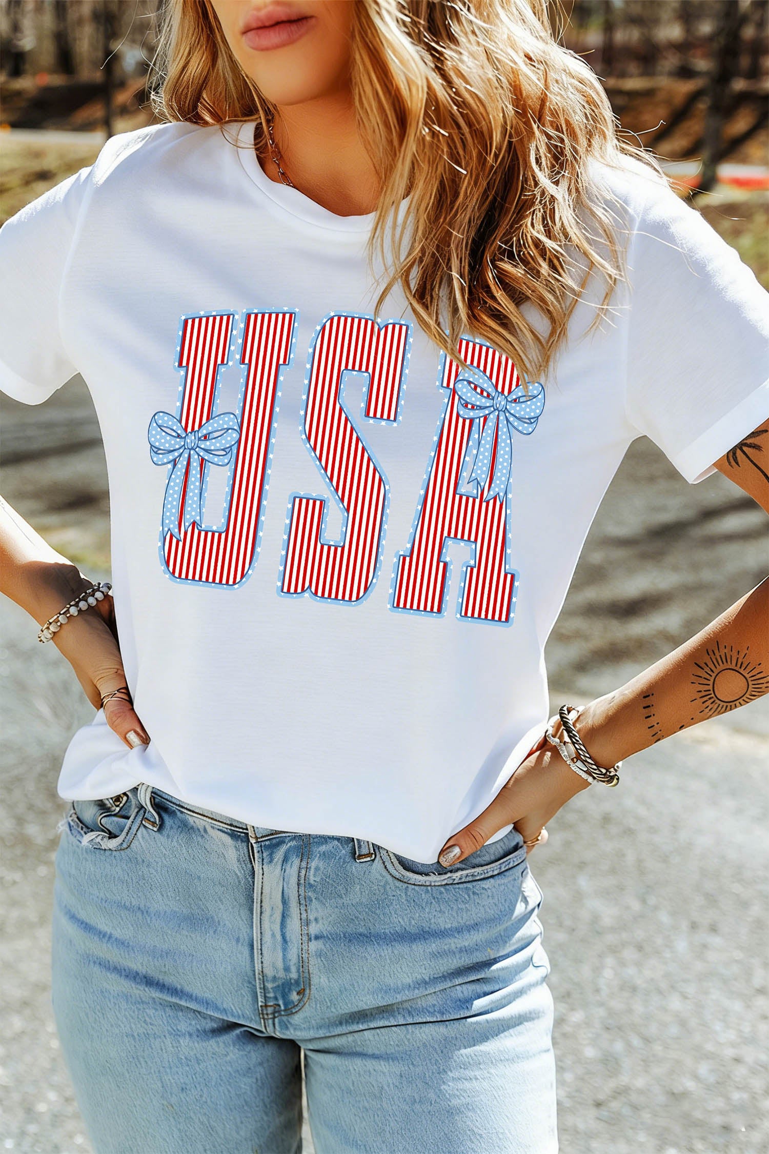 White USA Patriotic Letter Print Summer Casual T Shirt