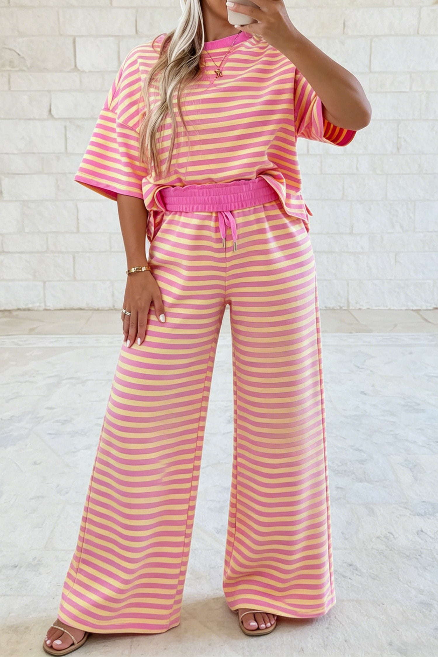 Pink Stripe Striped Colorblock Short Sleeve Two Piece Set Casual Pantsuit
