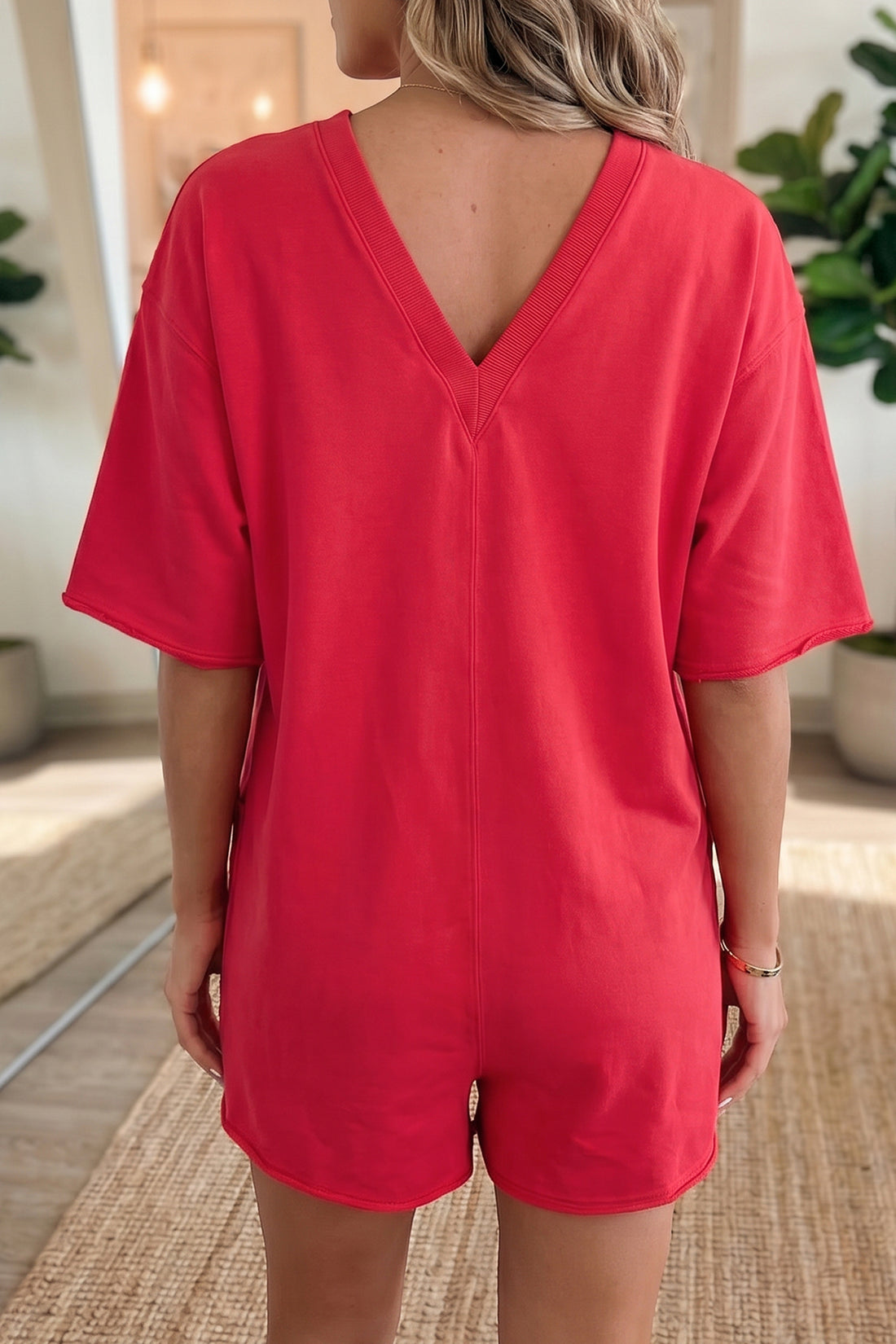 Fiery Red Solid Color Raw Edge Half Sleeve Pocketed Loose Romper