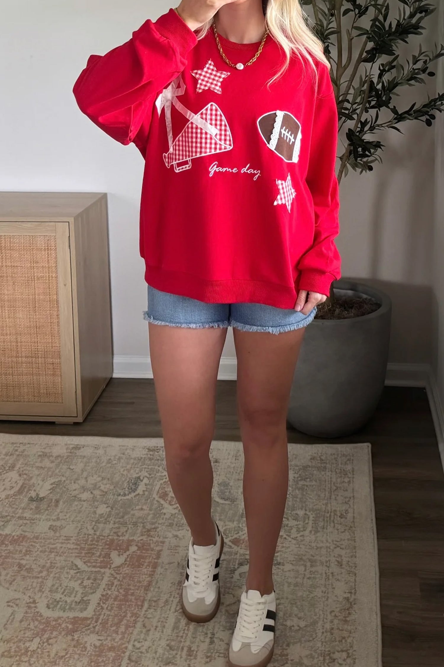 Racing Red Gingham Stars Lace Applique Football Game Day Sweatshirt