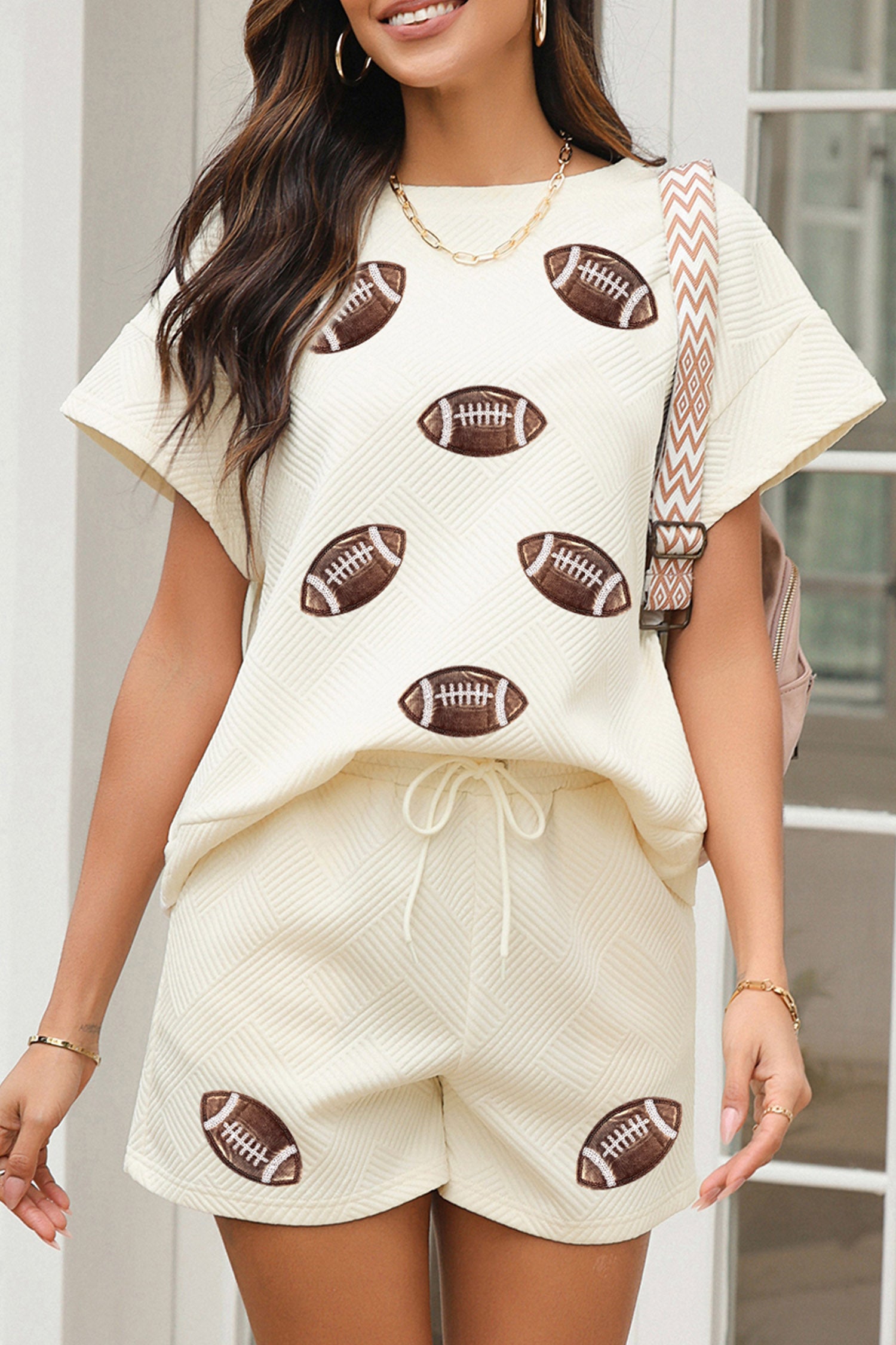 Apricot Quilted Texture Rugby Graphic Short Sleeve Drawstring 2pcs Short Set