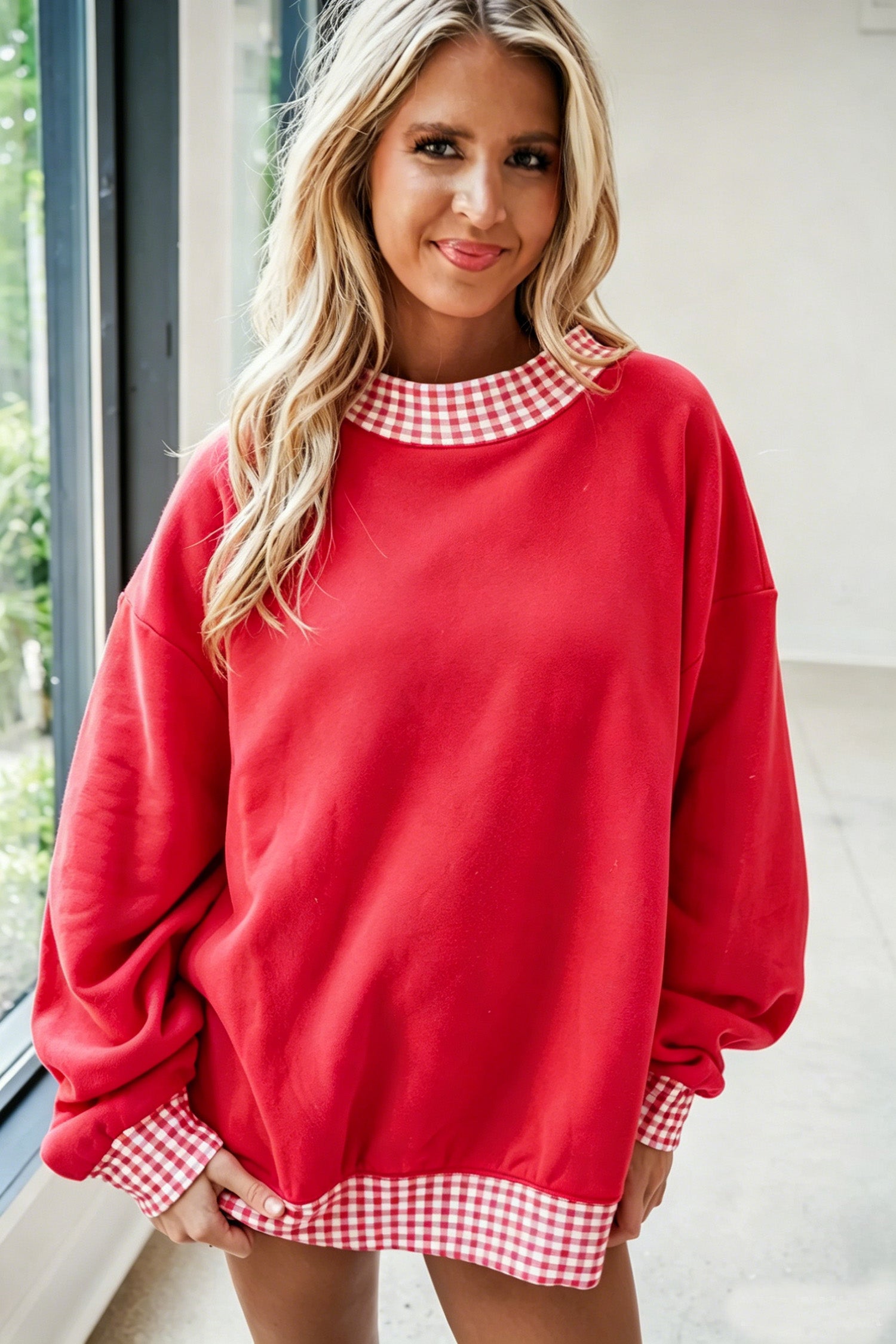Fiery Red Colorblock Polka Dot/ Plaid High Neck Oversized Sweatshirt