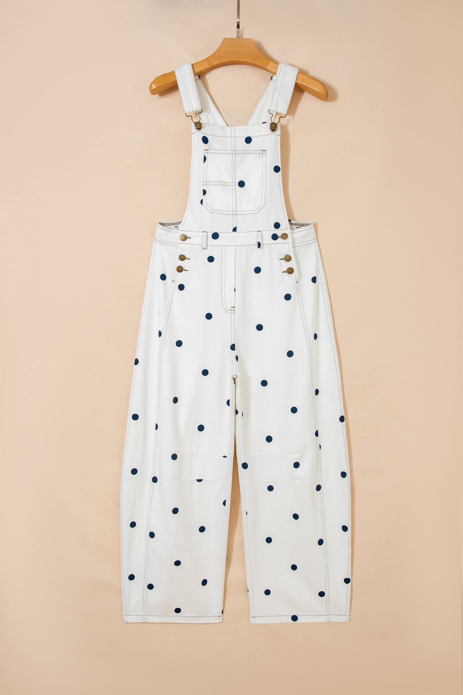Light French Beige Polka Dot Print Bib Pocket Denim Barrel Overalls Jumpsuit