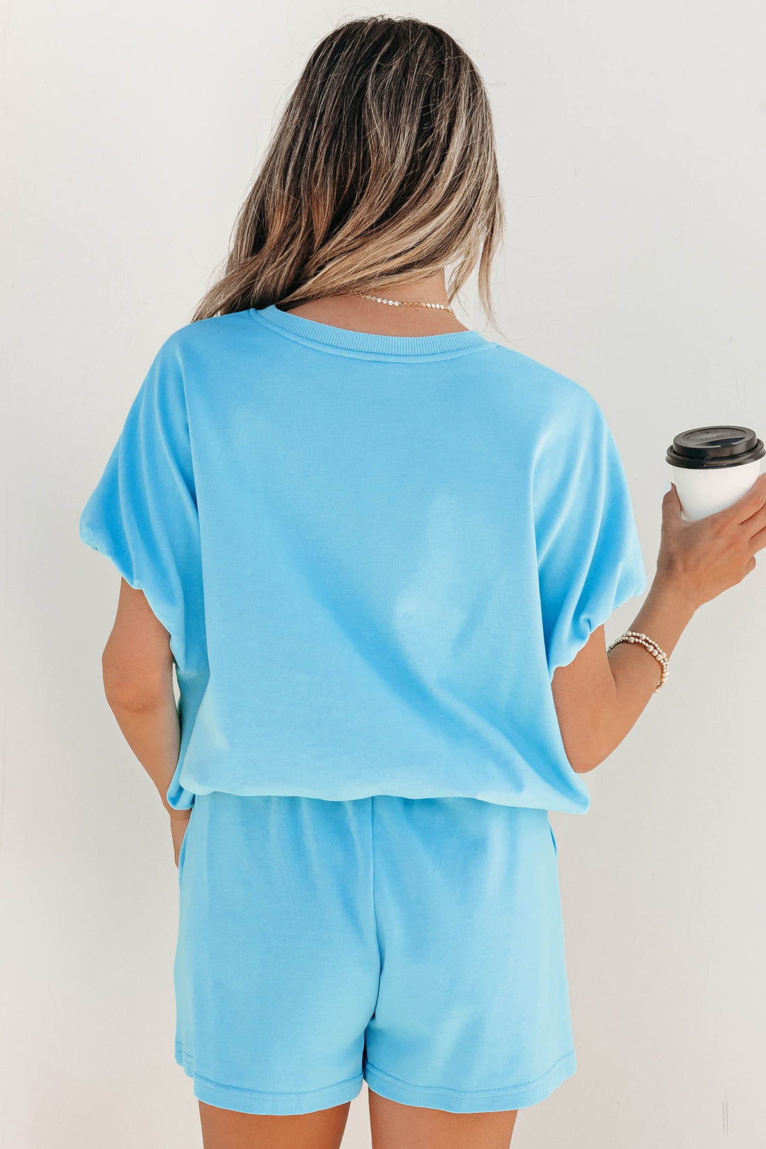 Light Blue Sequin Bow Rugby Pattern Short Sleeve Loose Two Piece Set