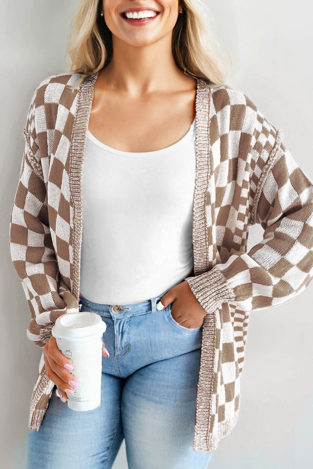 Orange Checkered Plus Size Drop Shoulder Knit Cardigan