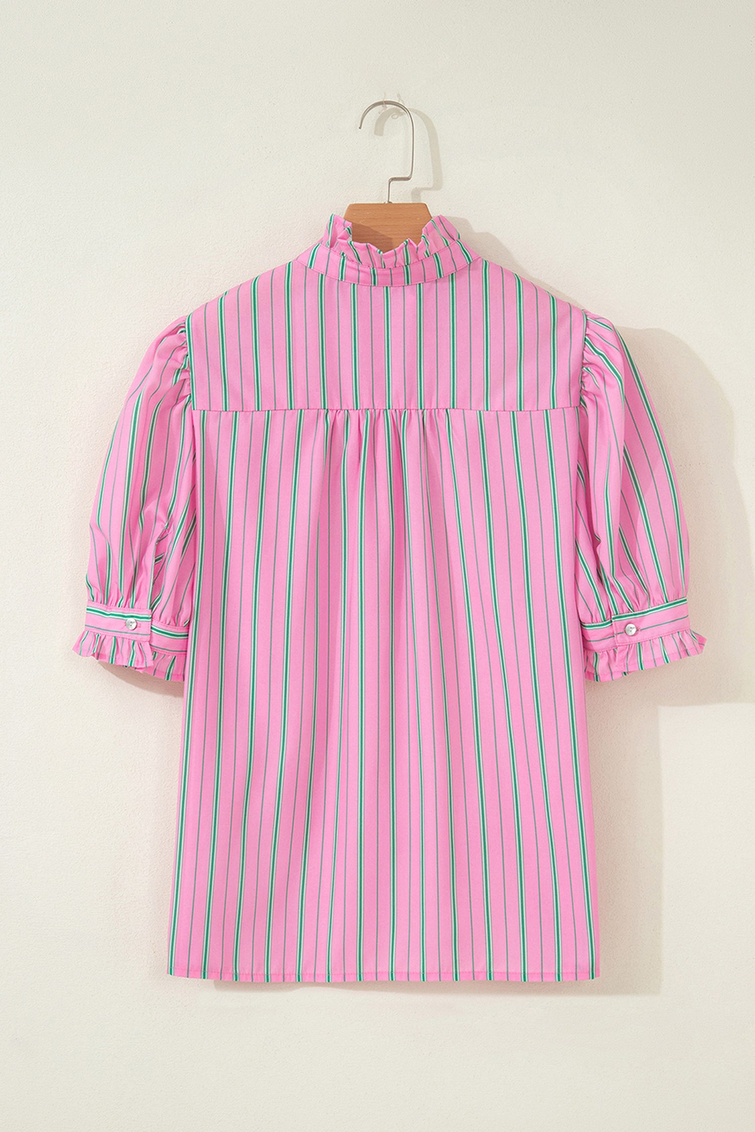 Pink Stripe Half Button Ruffle Trim Short Puff Sleeve Blouse