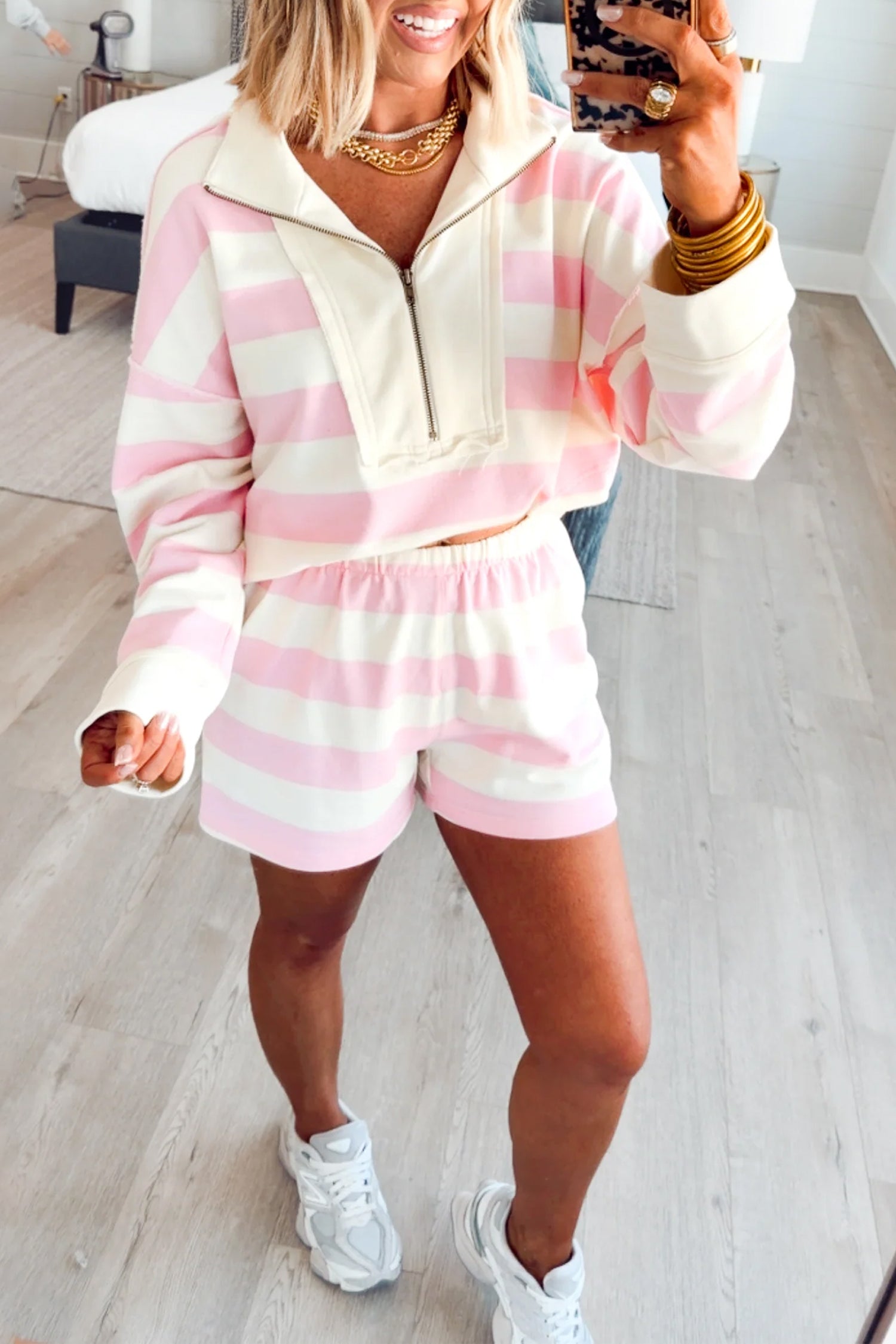 Pink Stripe Striped Zipper Pullover Shorts Set Two Piece Casual Pants Sets