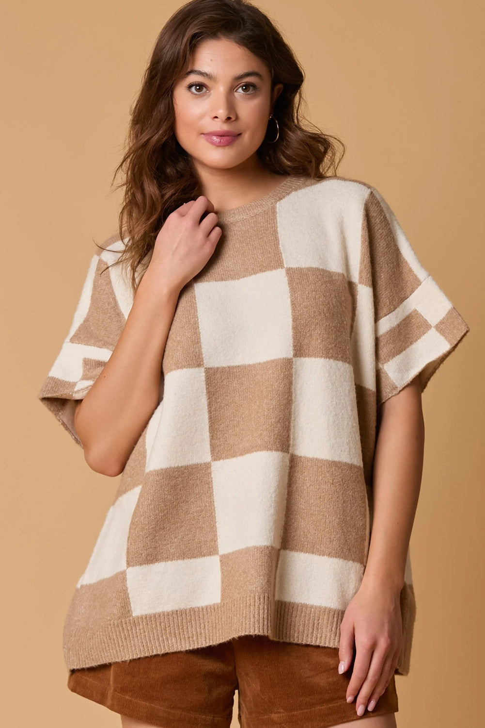 Black Checkered Pattern Loose Short Sleeve Sweater