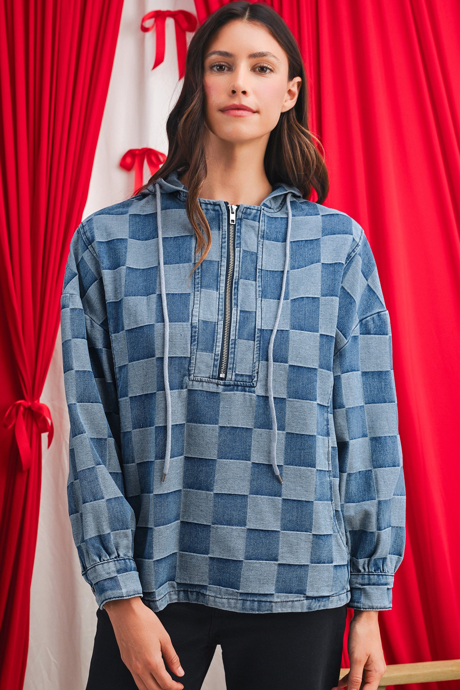 Sky Blue Checkerboard Zipped Collar Kangaroo Pocket Denim Hoodie