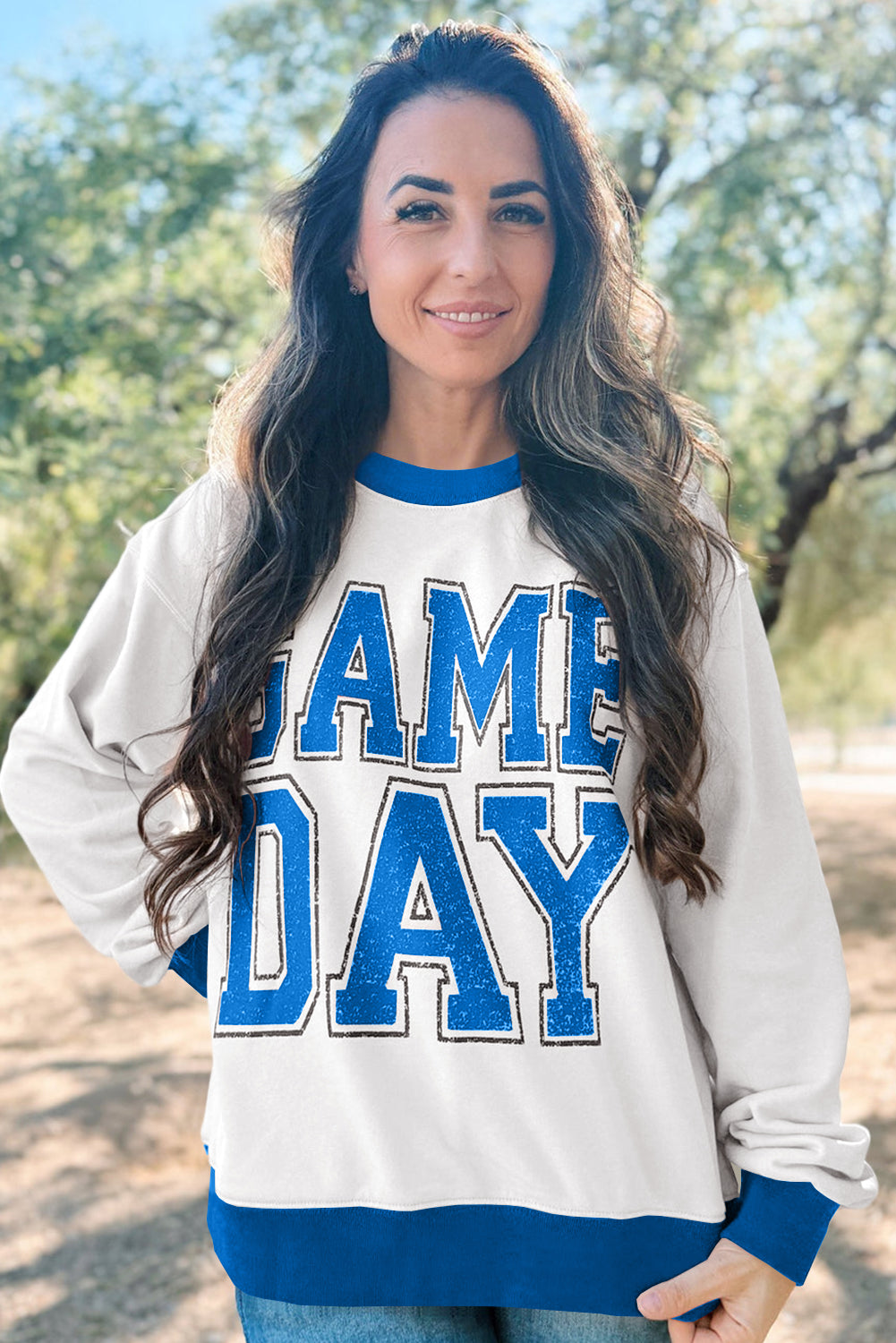 Oatmeal GAME DAY Letter Contrast Trim Baggy Sweatshirt