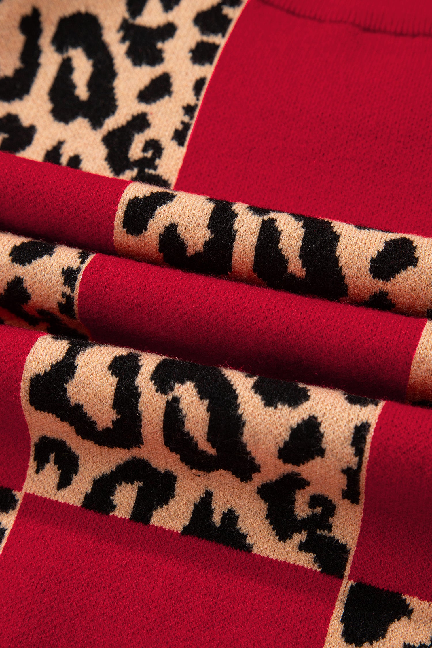 Rose Red Leopard Checkerboard Short Sleeve Knit Sweater
