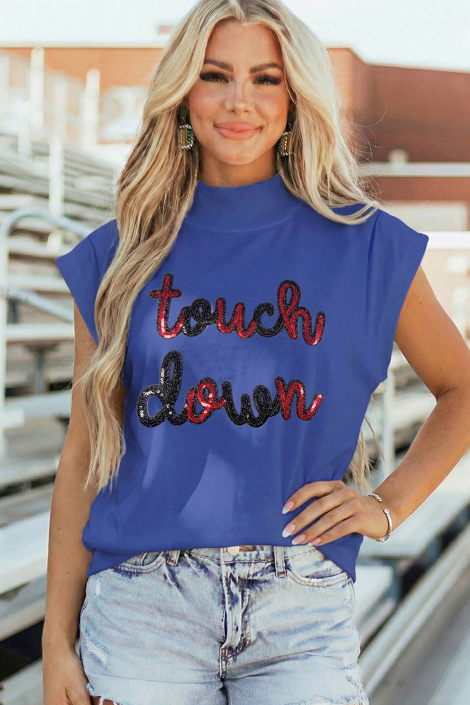 Sky Blue Touch Down Sequin Game Day Graphic High Neck Cap Sleeve Top