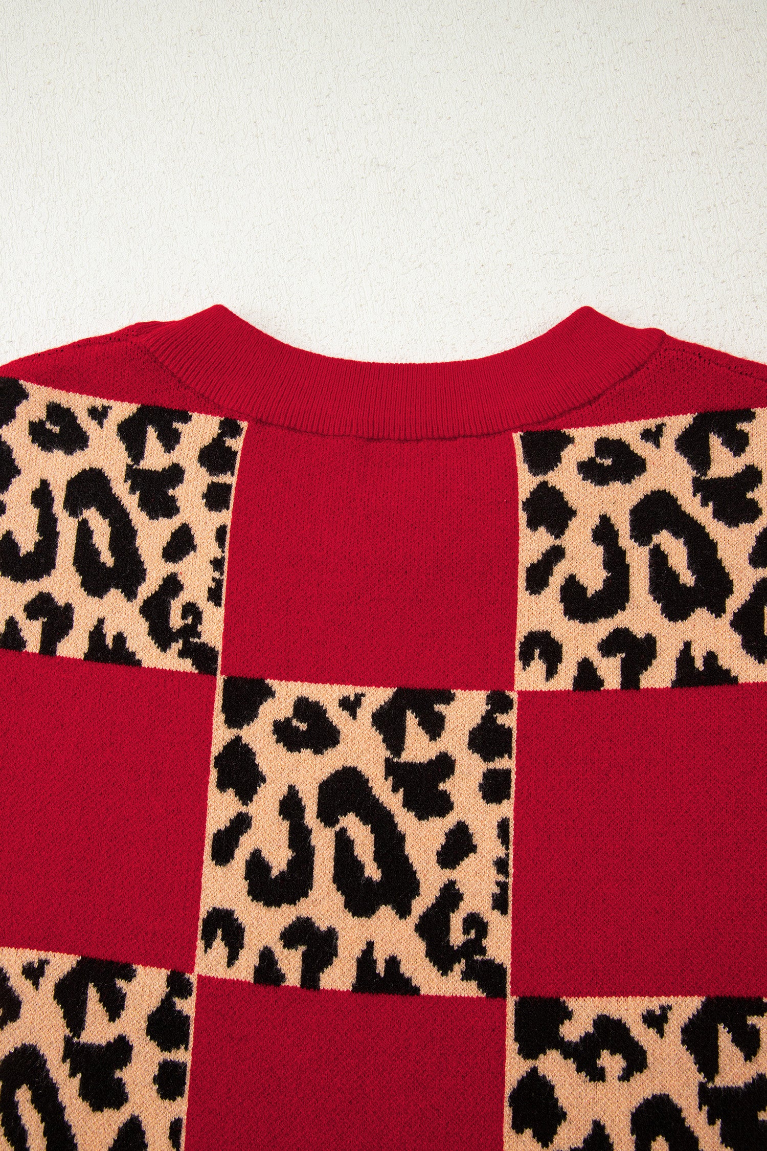 Rose Red Leopard Checkerboard Short Sleeve Knit Sweater
