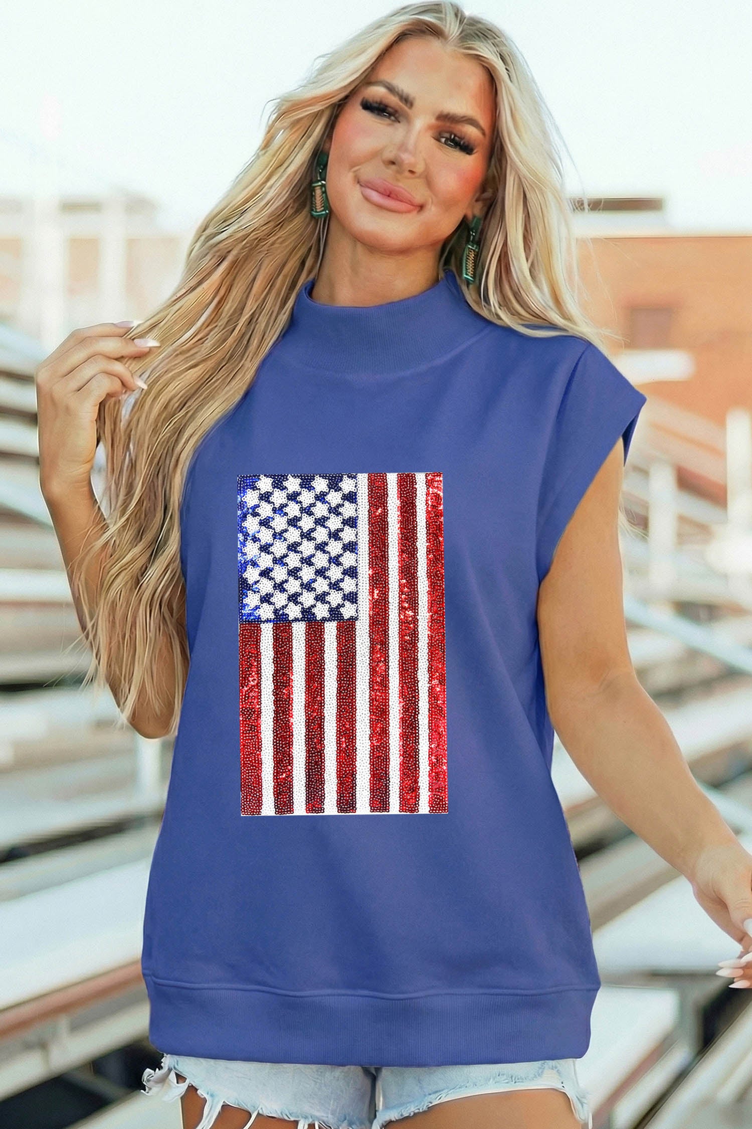 Sky Blue Sequin American Flag High Neck Short Sleeve Top