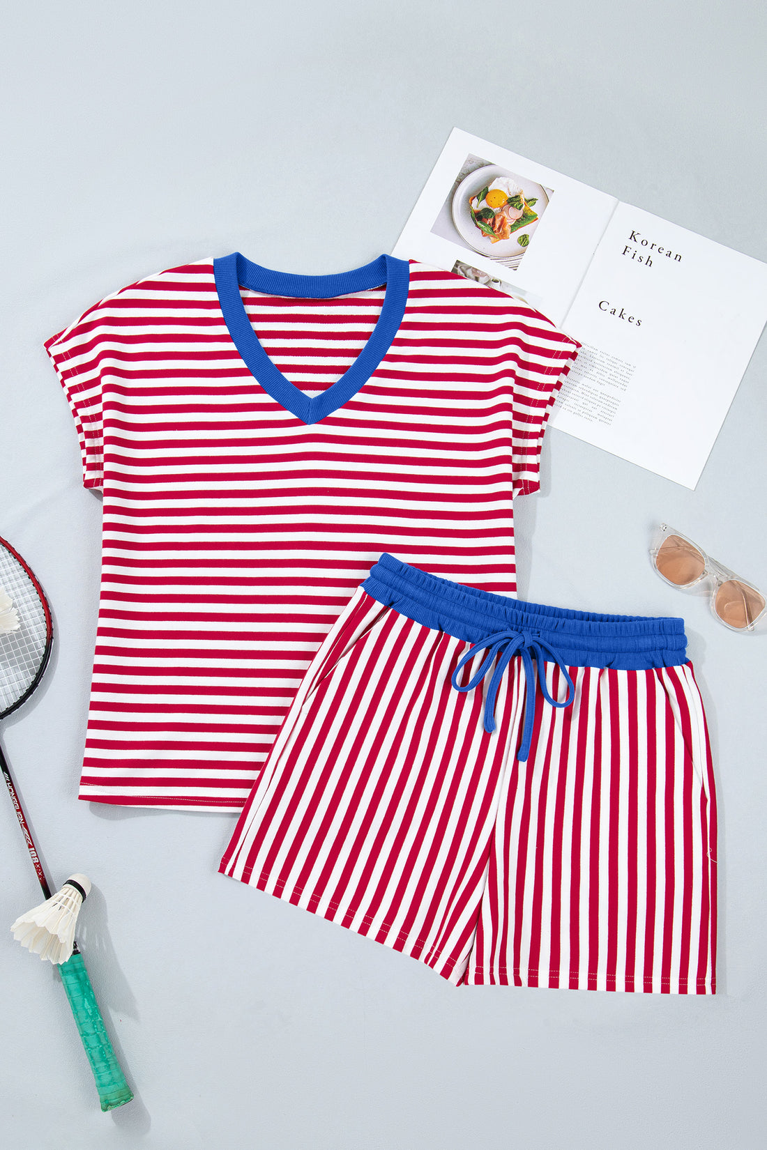 Red Stripe Colorblock Trim V Neck Tee Drawstring Elastic Waist Short Set
