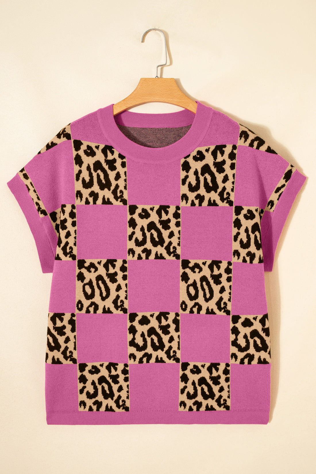 Rose Red Leopard Checkerboard Short Sleeve Knit Sweater