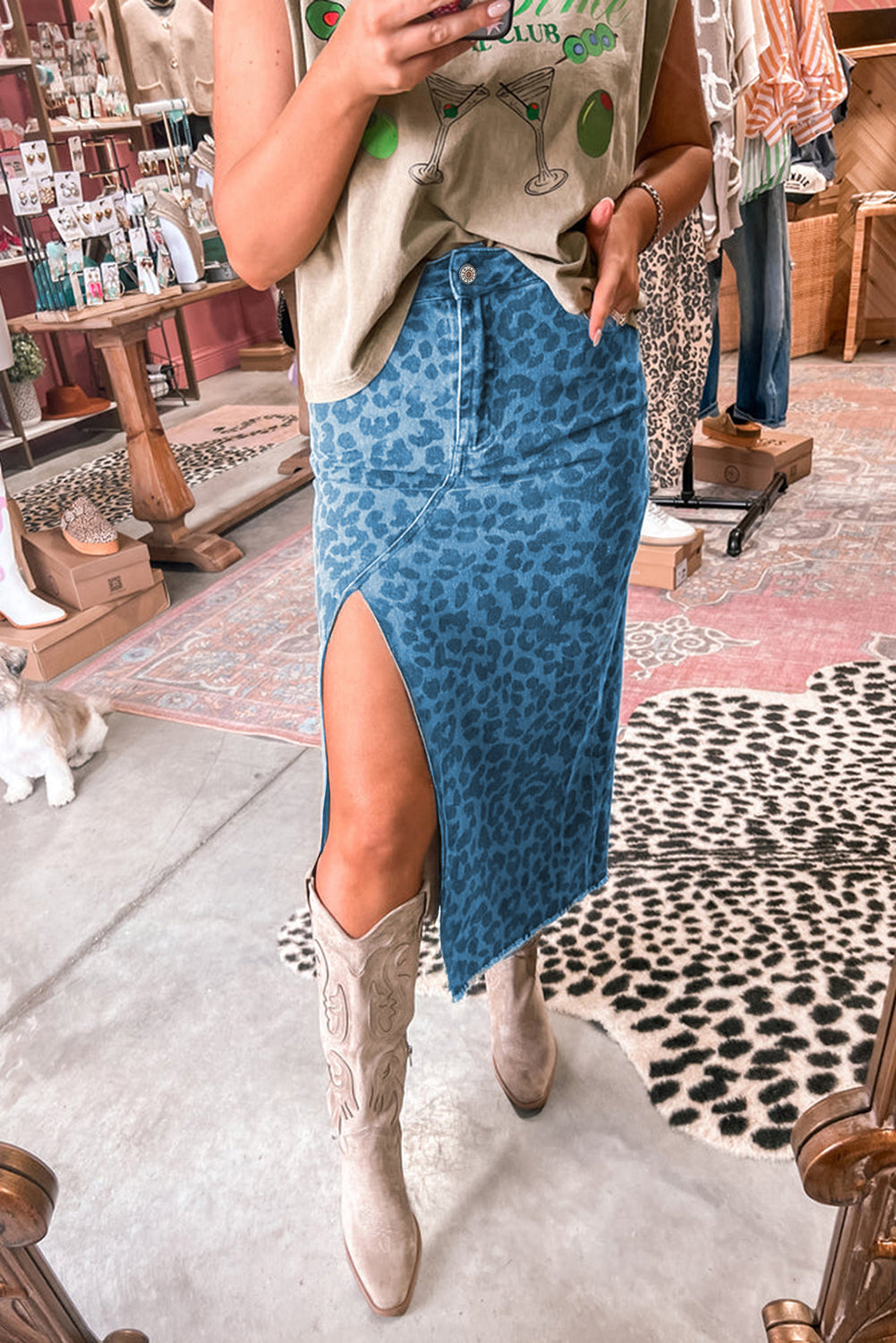 Brown Leopard Print Frayed Edge Denim Skirt Long Casual Daily Wear