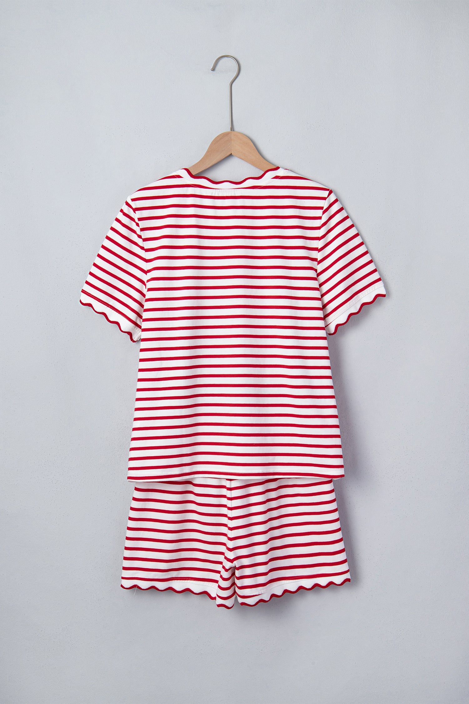 Red Stripe Scallop Hem Top Shorts Set