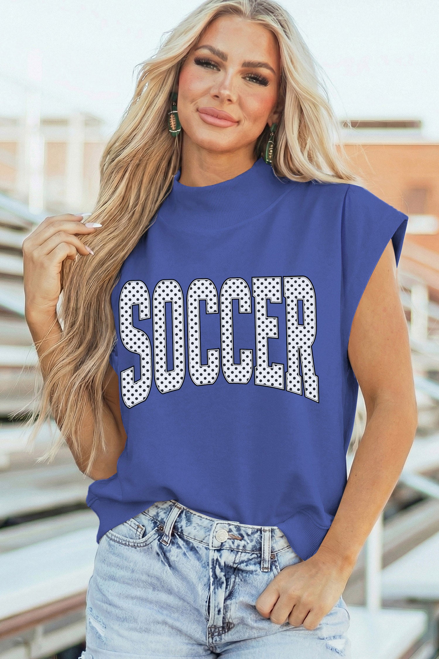 Sky Blue Polka Dot SOCCER Lettering Mock Neck Short Sleeve Top
