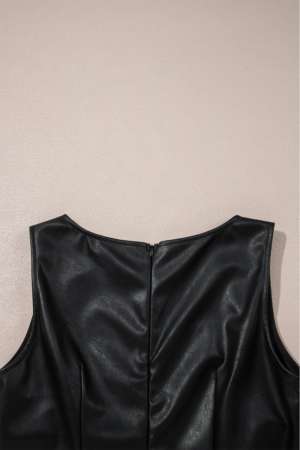 Black Faux Leather Sleeveless Round Neck Mini Dress