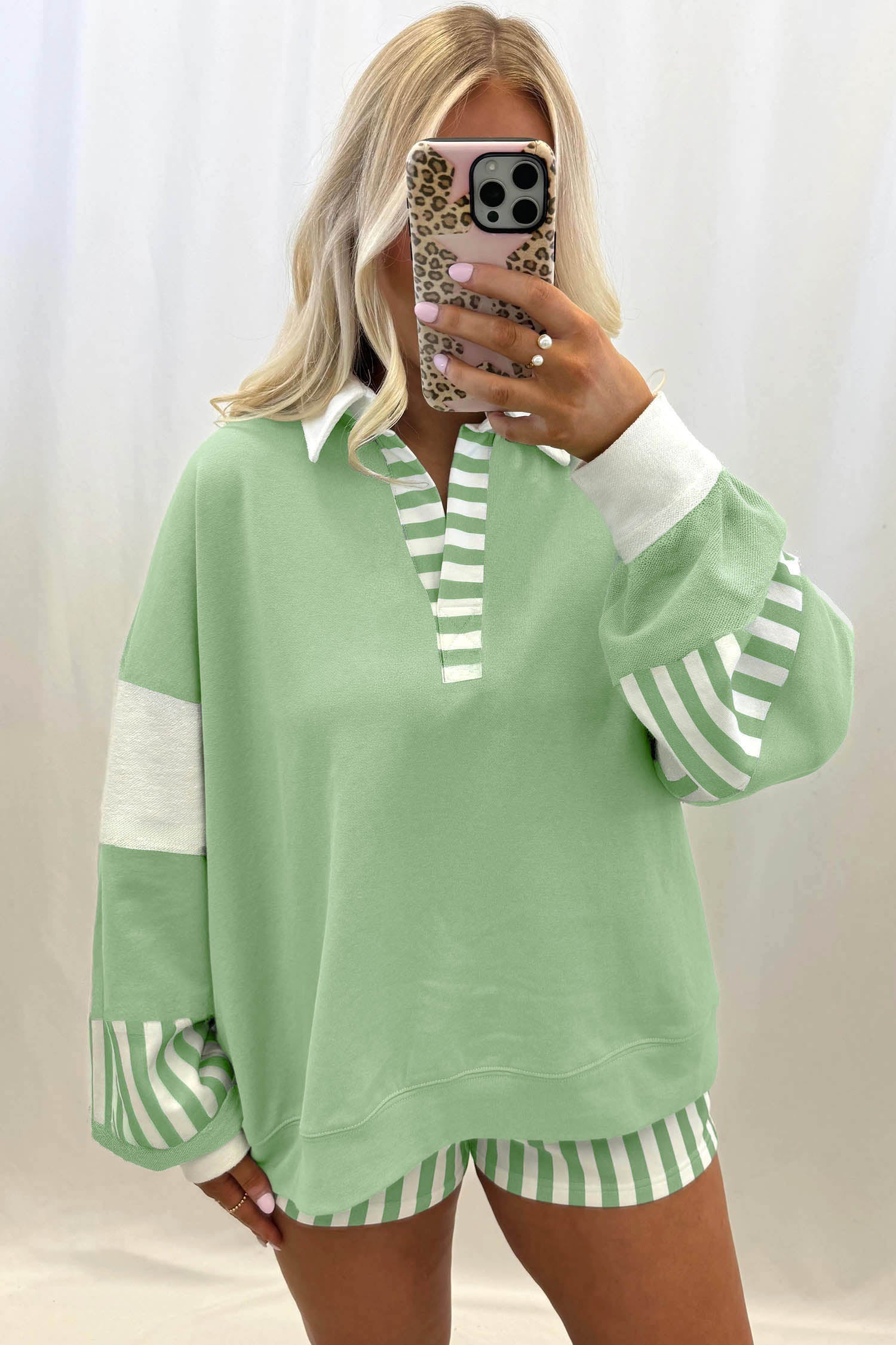 Smoke Green Casual Striped Two Piece Set Long Sleeve Shift Silhouette Daily Wear Pantsuit