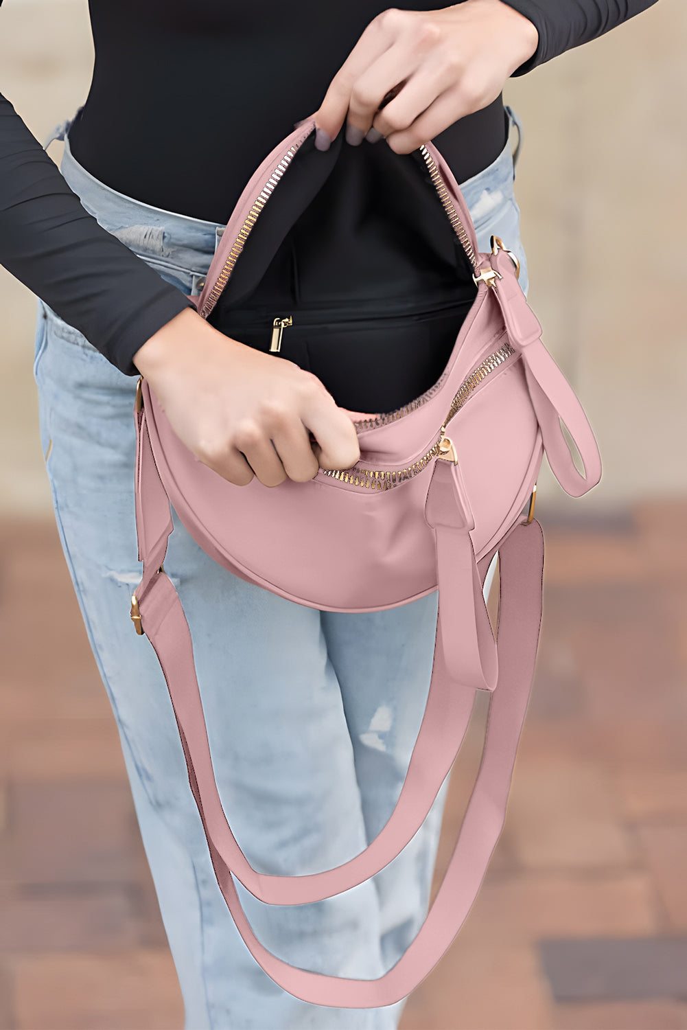 Fiery Red Wide Strap Double Zipper Crossbody Bag