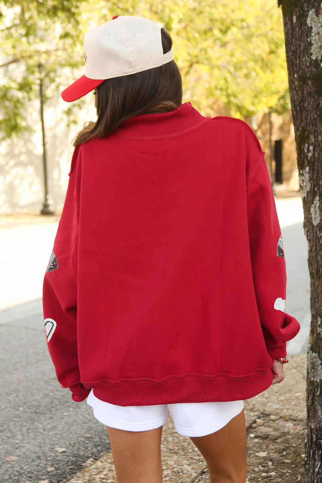 Racing Red Exposed Seam Mock Neck Dropped Shoulder Sequin Game Day Cheer Sweatshirt