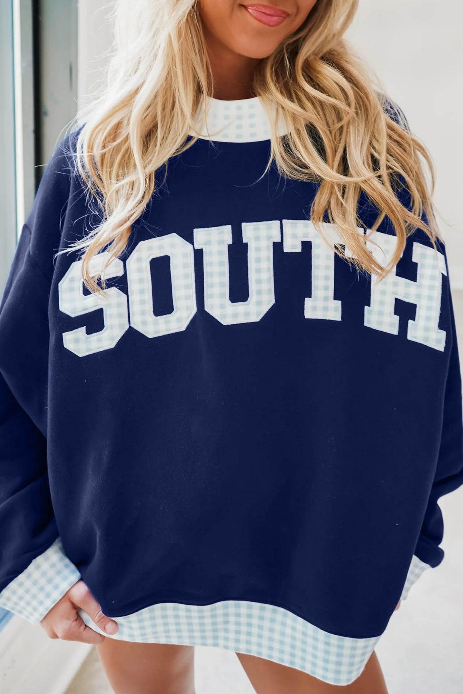 Sail Blue Plaid High Neck Sweatshirt Colorblock Lettering Casual Shift Fit Pullover