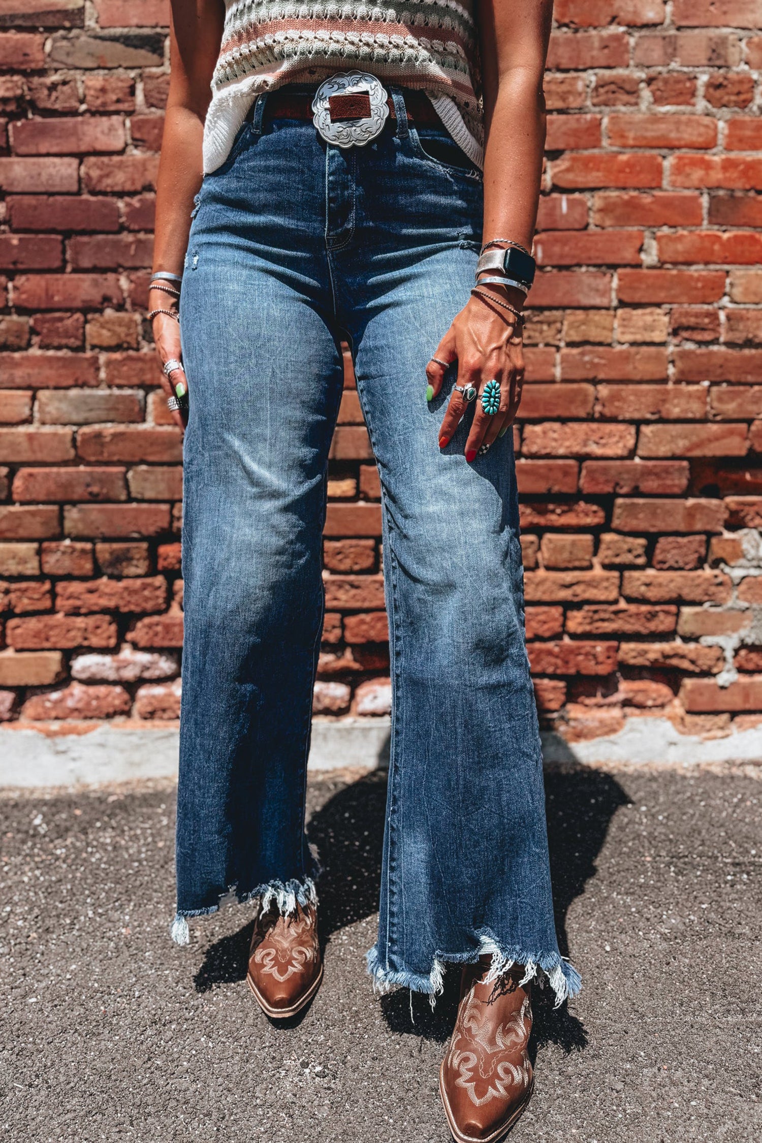 Ashleigh Blue Flare Leg Jeans Frayed Edge Pocket Casual Daily Ankle-length Denim Pants