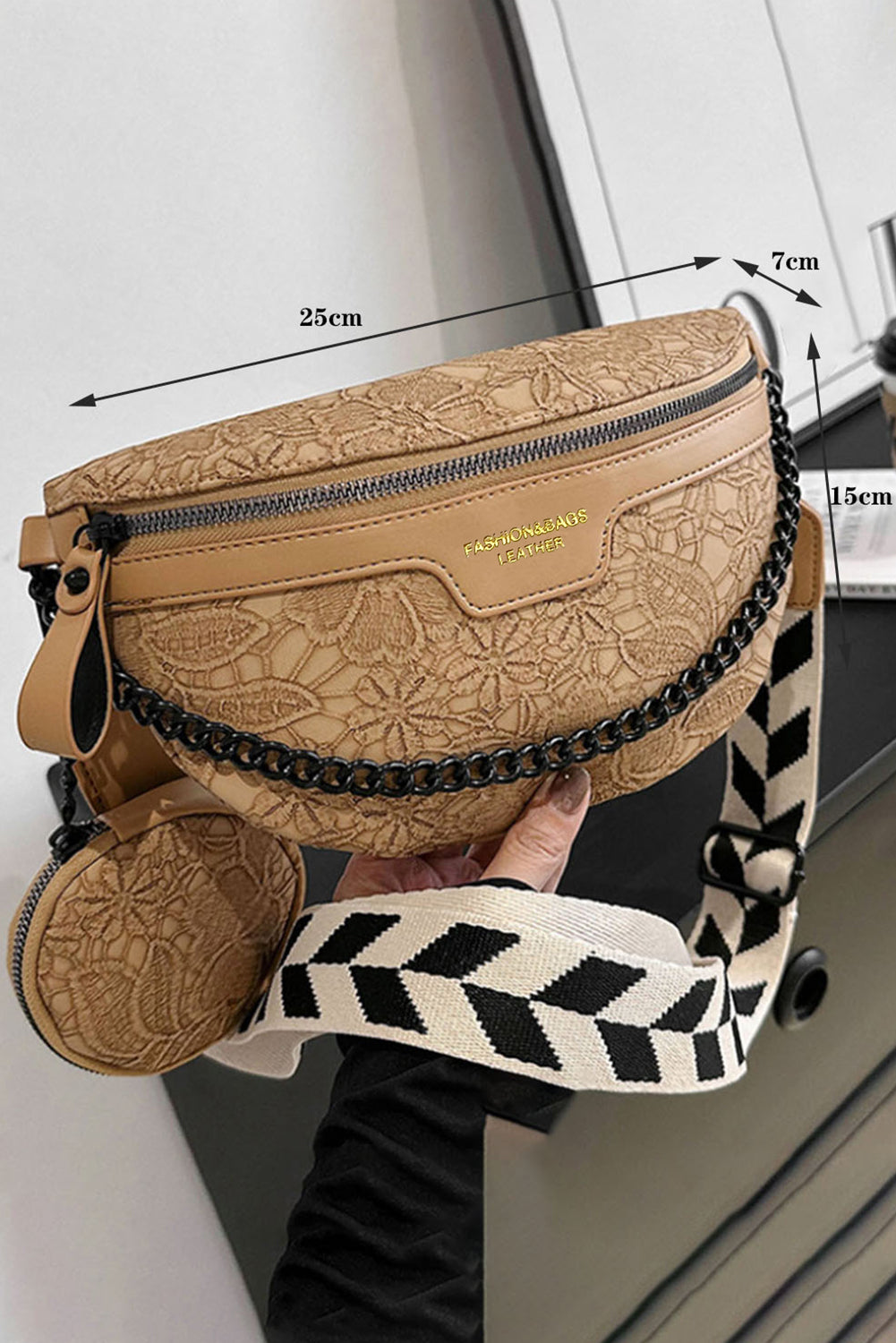 Camel Vintage Floral PU Crossbody Bag with Coin Purse
