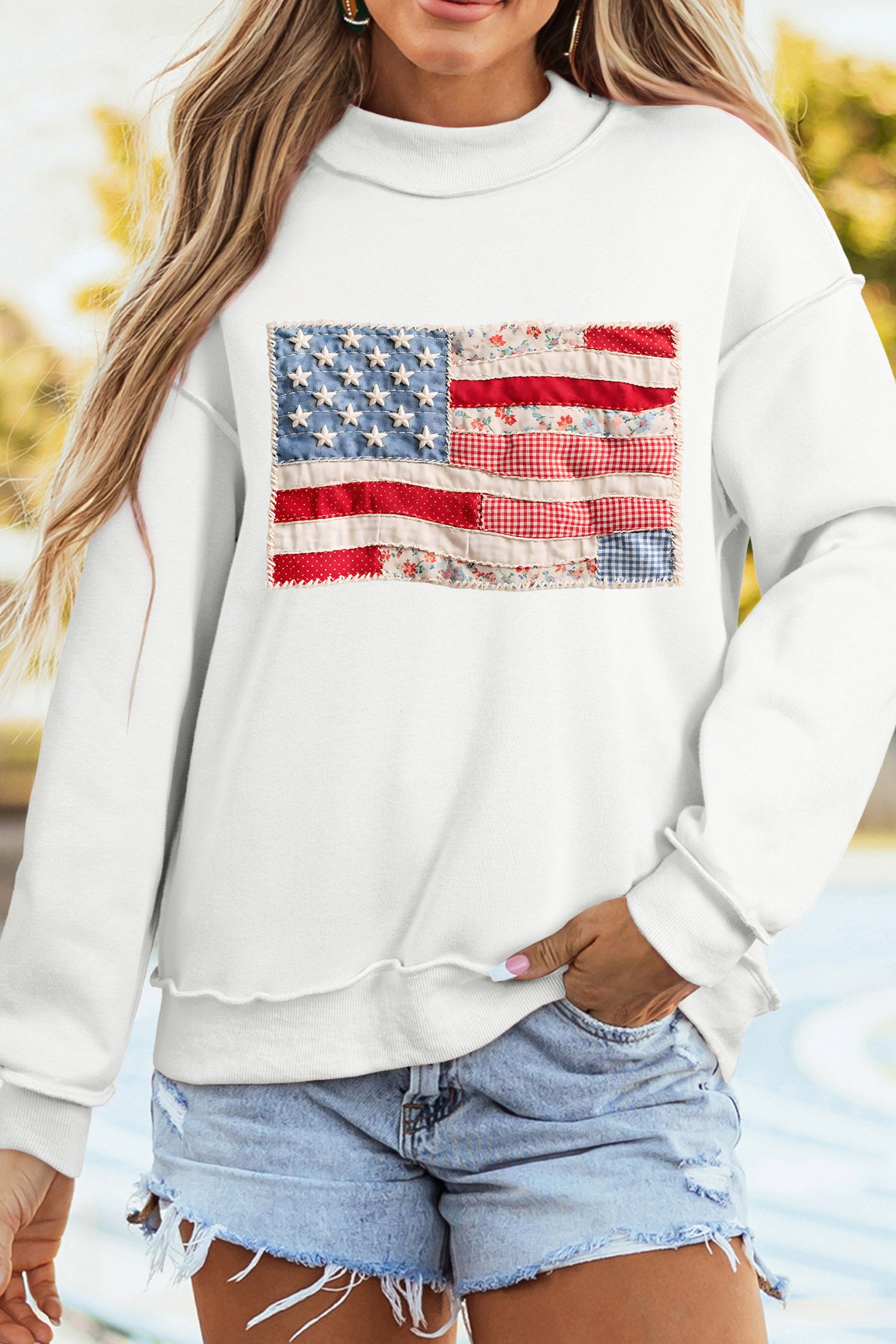 White Faux Patchwork Print USA Flag Double Side Printed Reversible Sweatshirt