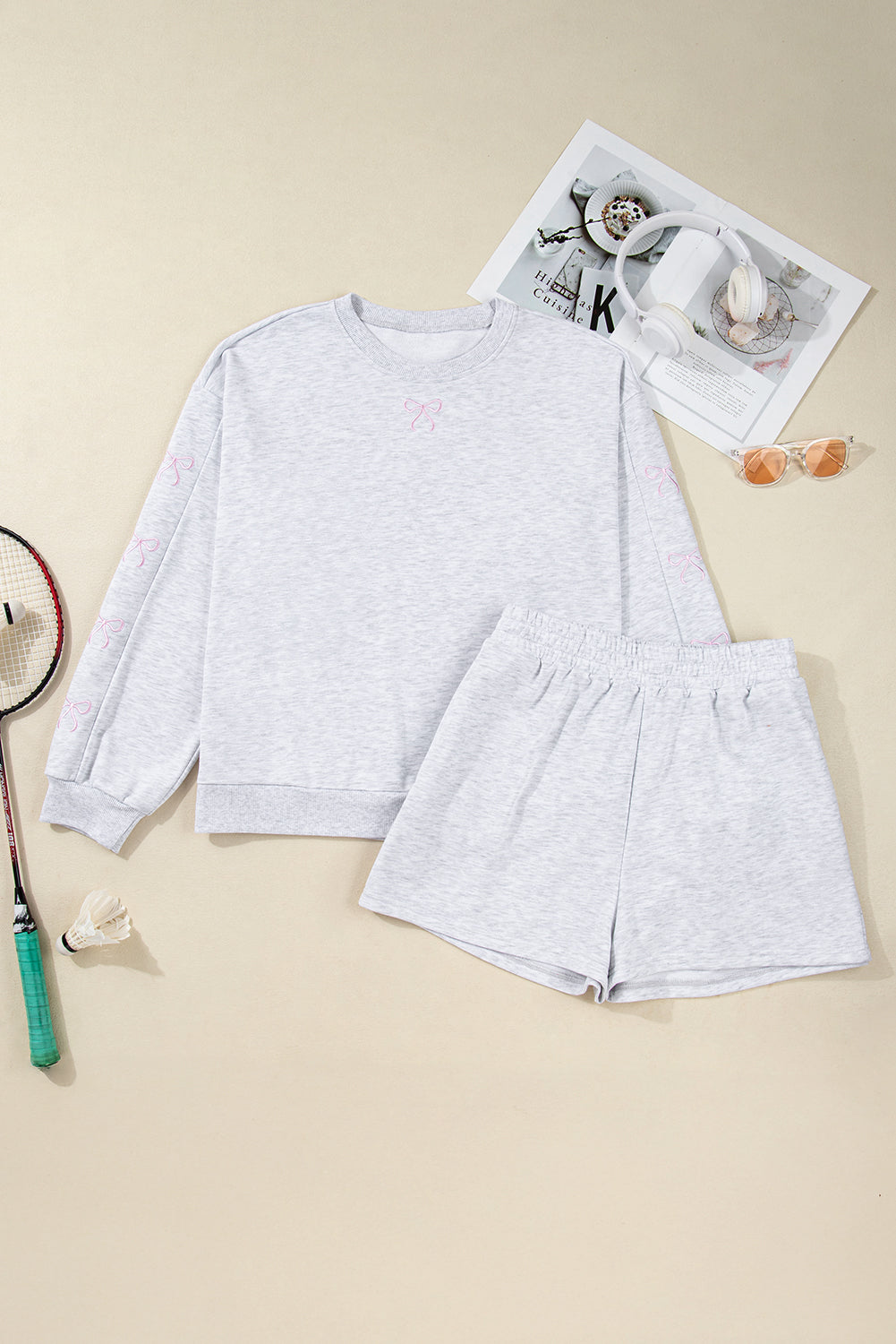 Light Grey Girly Bow Embroidered Pullover Loose Shorts Plus Size Outfit