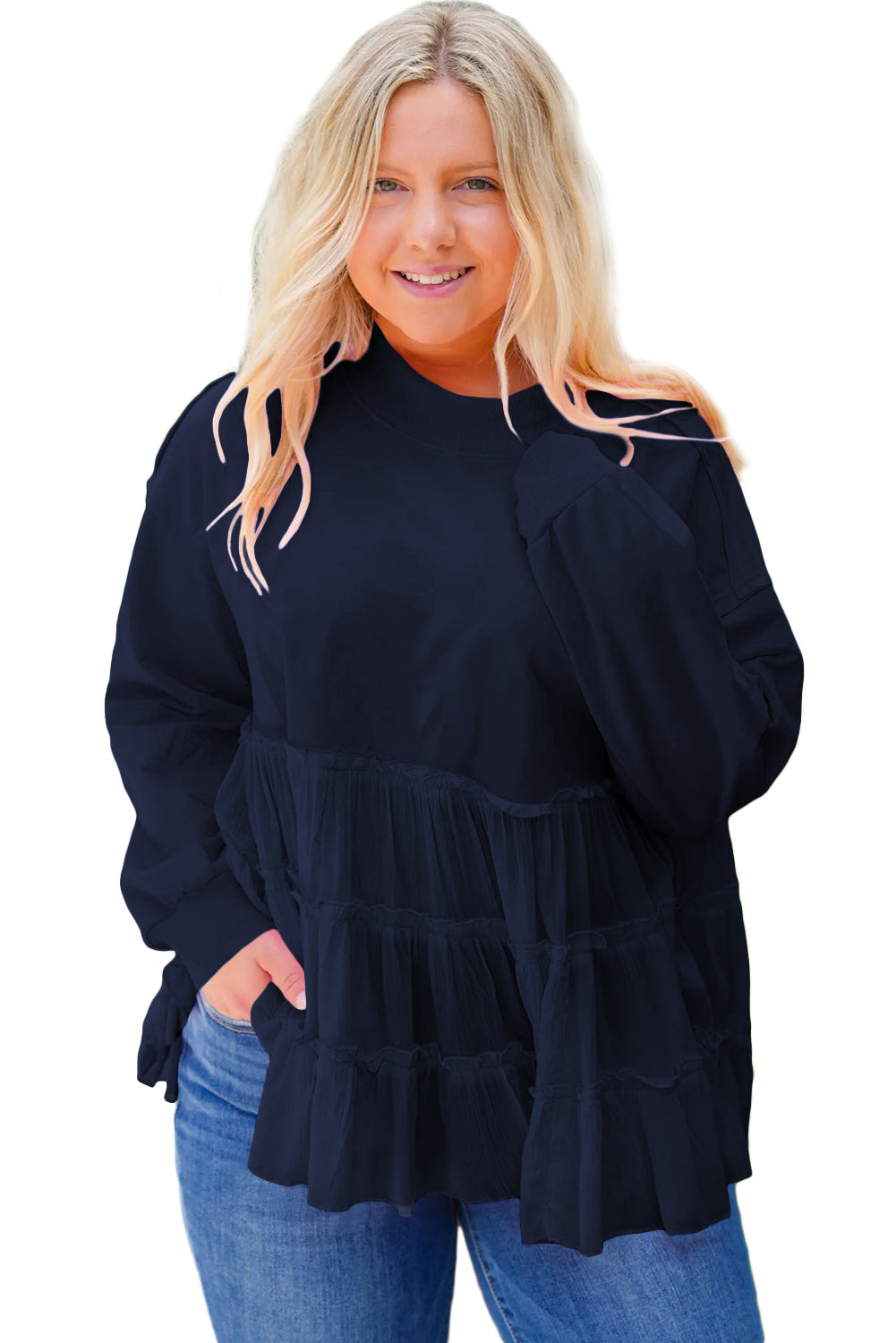 Pink Frill Tiered Patchwork Ribbed Trim Flowy Plus Size Top