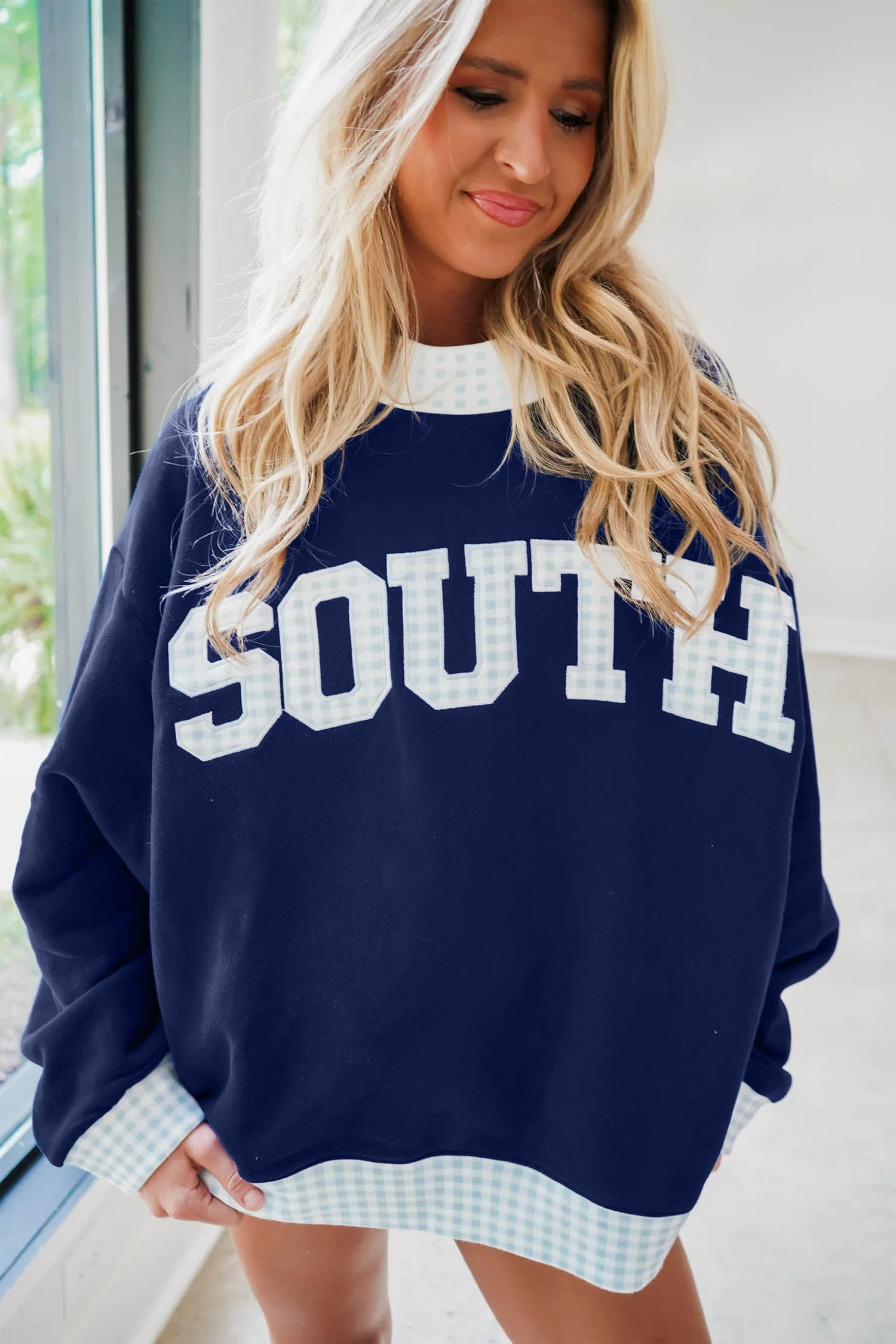Sail Blue Plaid High Neck Sweatshirt Colorblock Lettering Casual Shift Fit Pullover