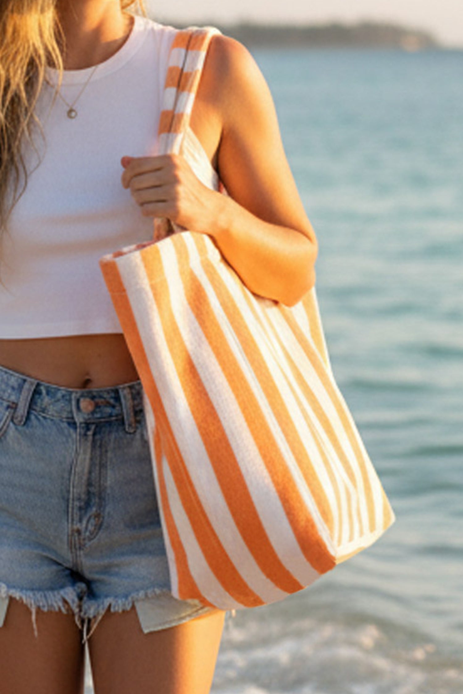 Dark Green Striped Terry Large Beach Tote Bag