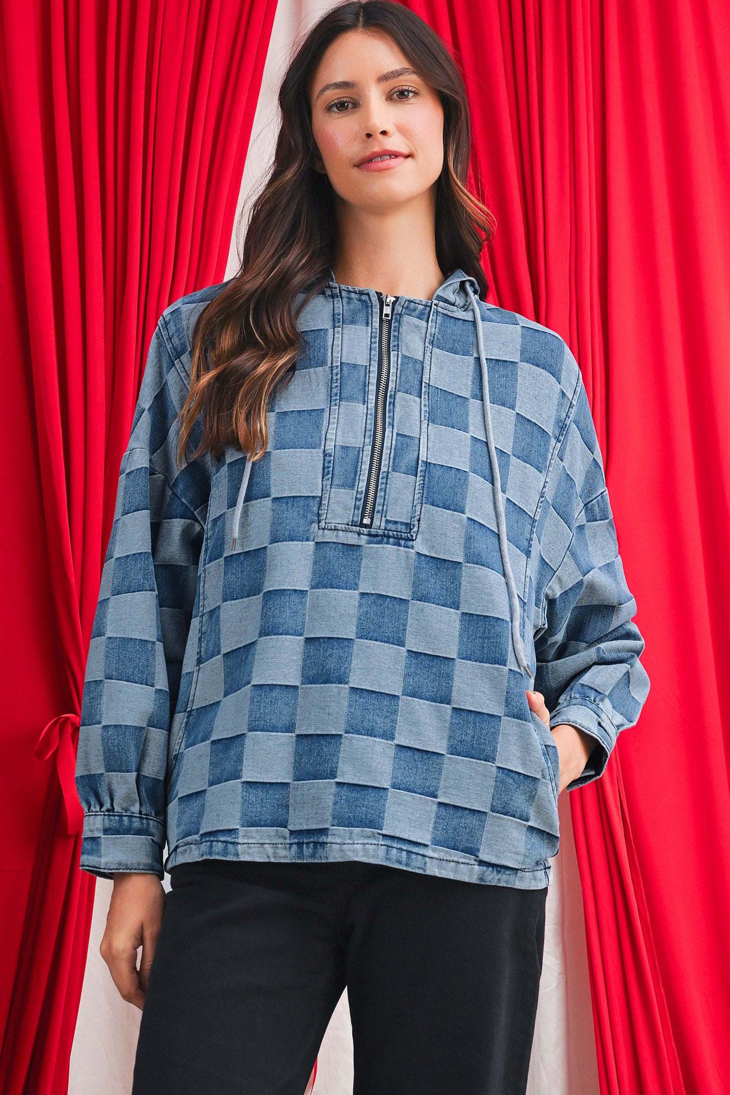 Sky Blue Checkerboard Zipped Collar Kangaroo Pocket Denim Hoodie