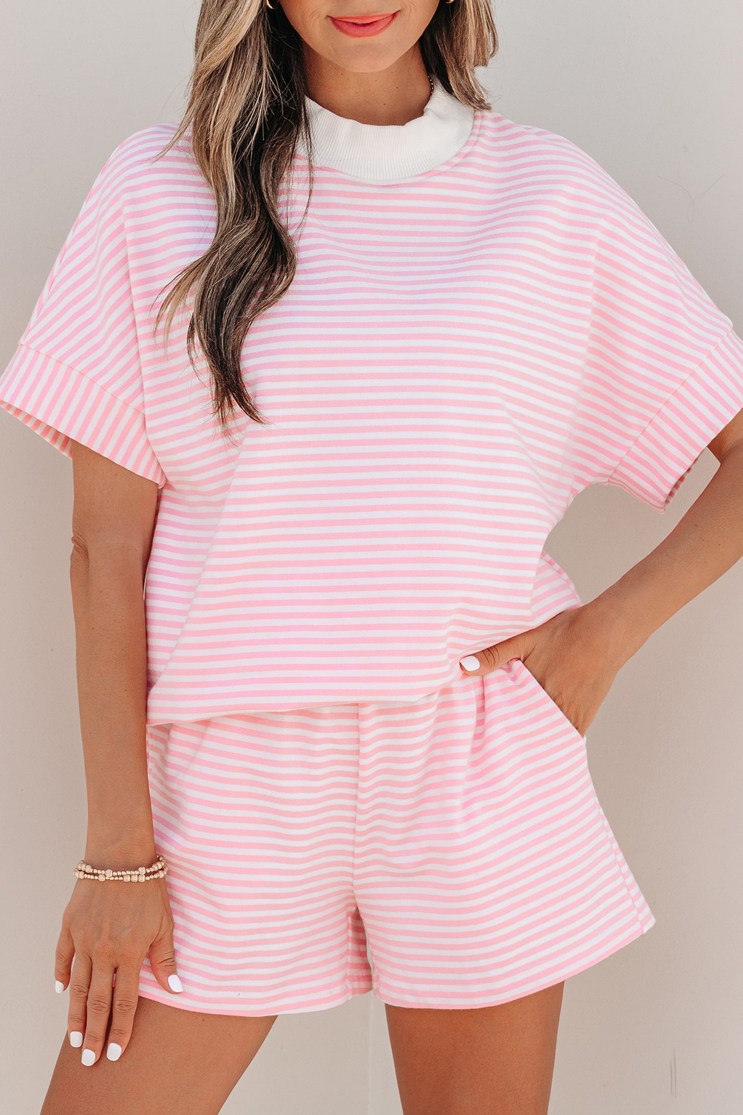 Sky Blue Stripe Cuffed Sleeve Contrast Mock Neck Tee Casual 2pcs Short Set