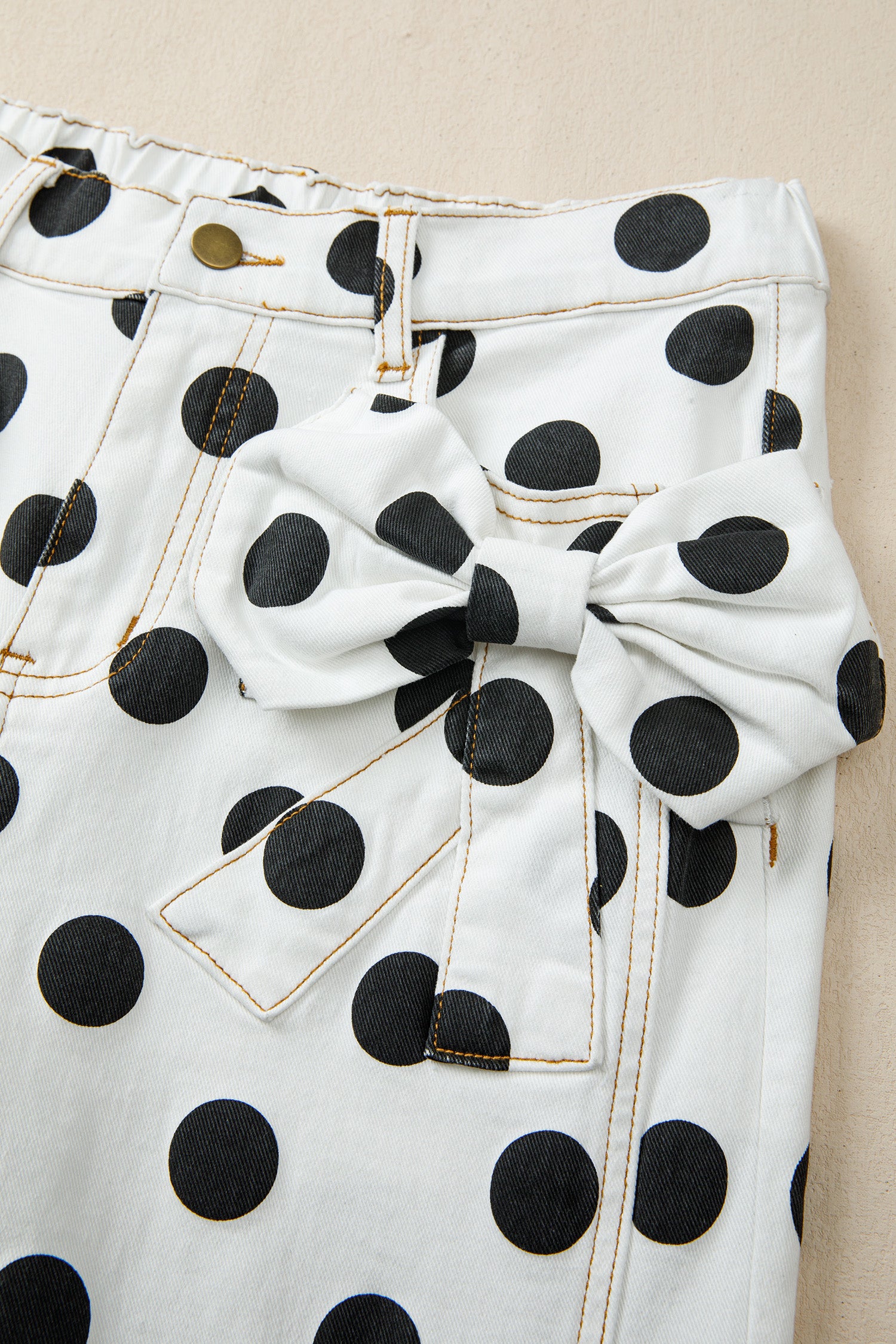 Sky Blue Polka Dot Print Bow Detail Pocketed Jeans