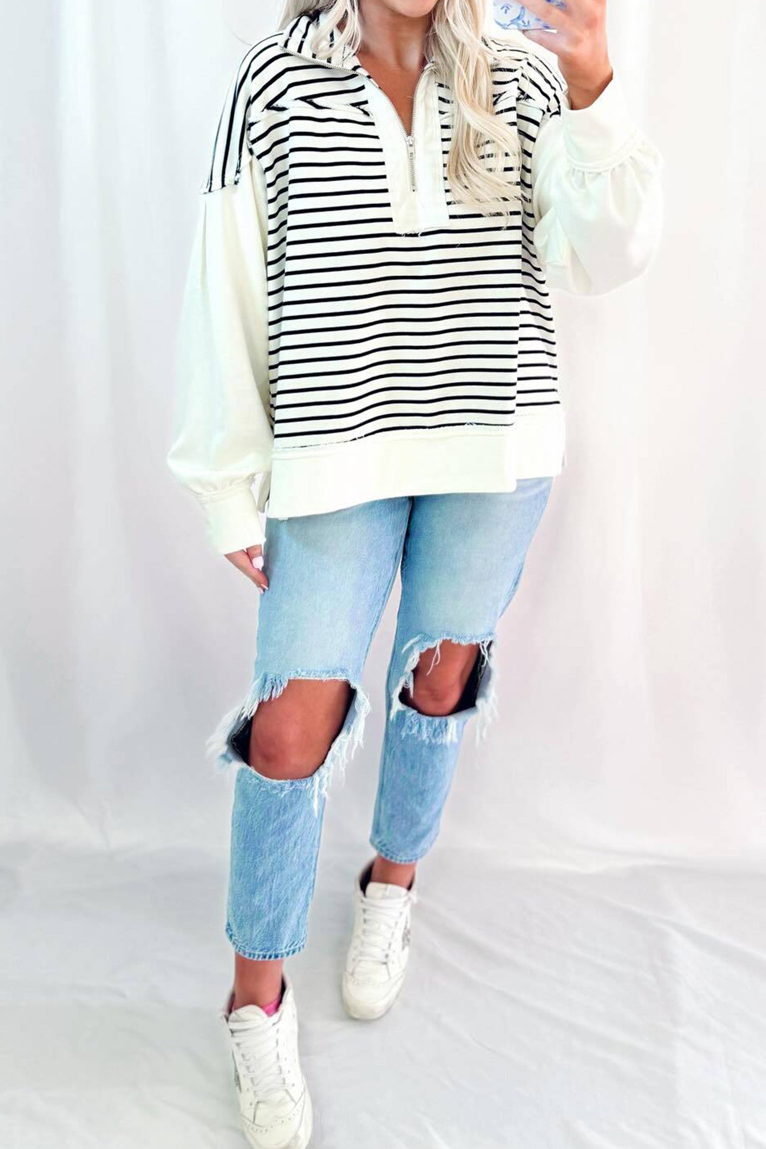 White Stripe Striped Patchwork Pullover Half Zipper Collar Long Sleeve Casual Top