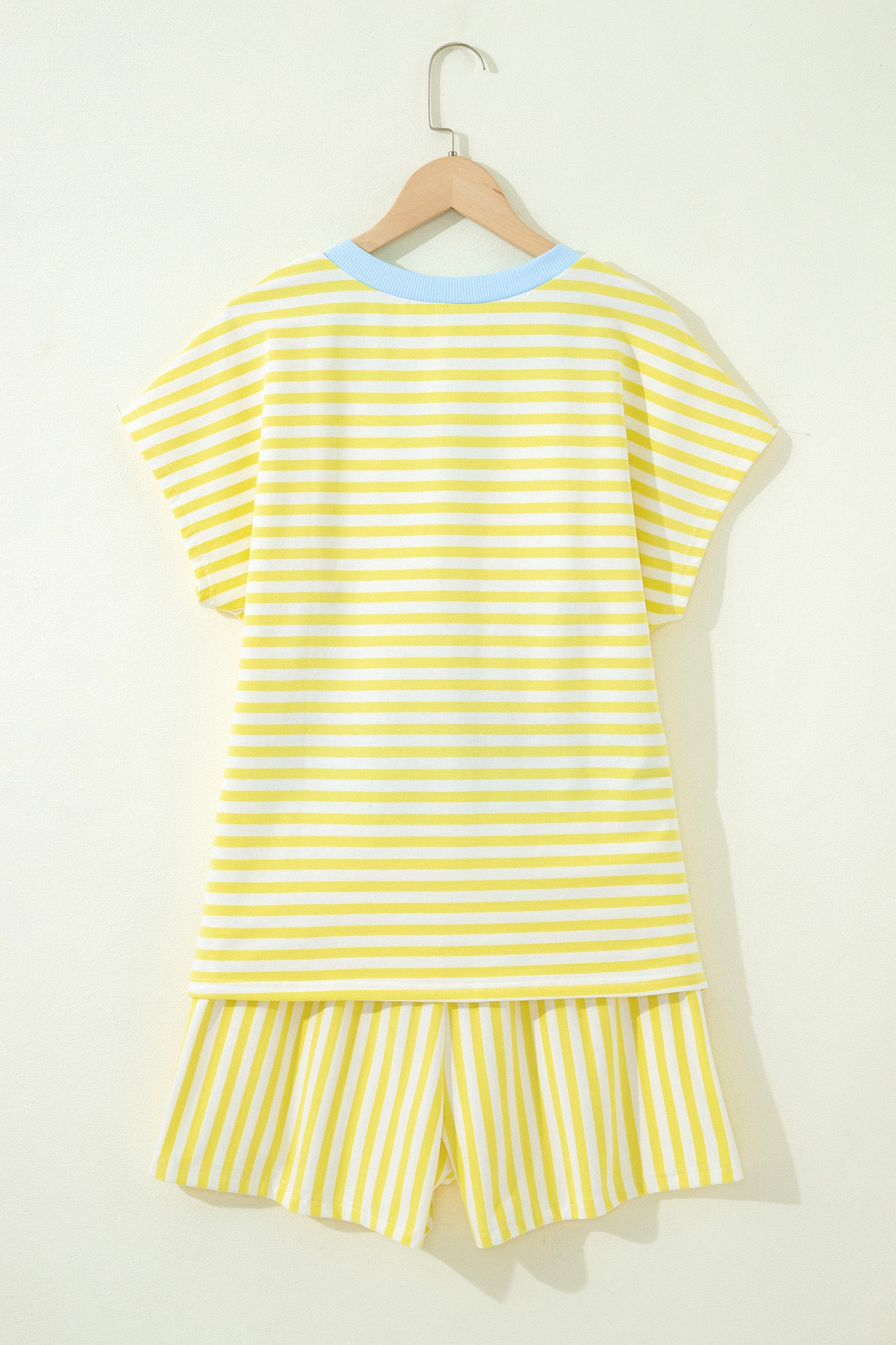Red Stripe Colorblock Trim V Neck Tee Drawstring Elastic Waist Short Set
