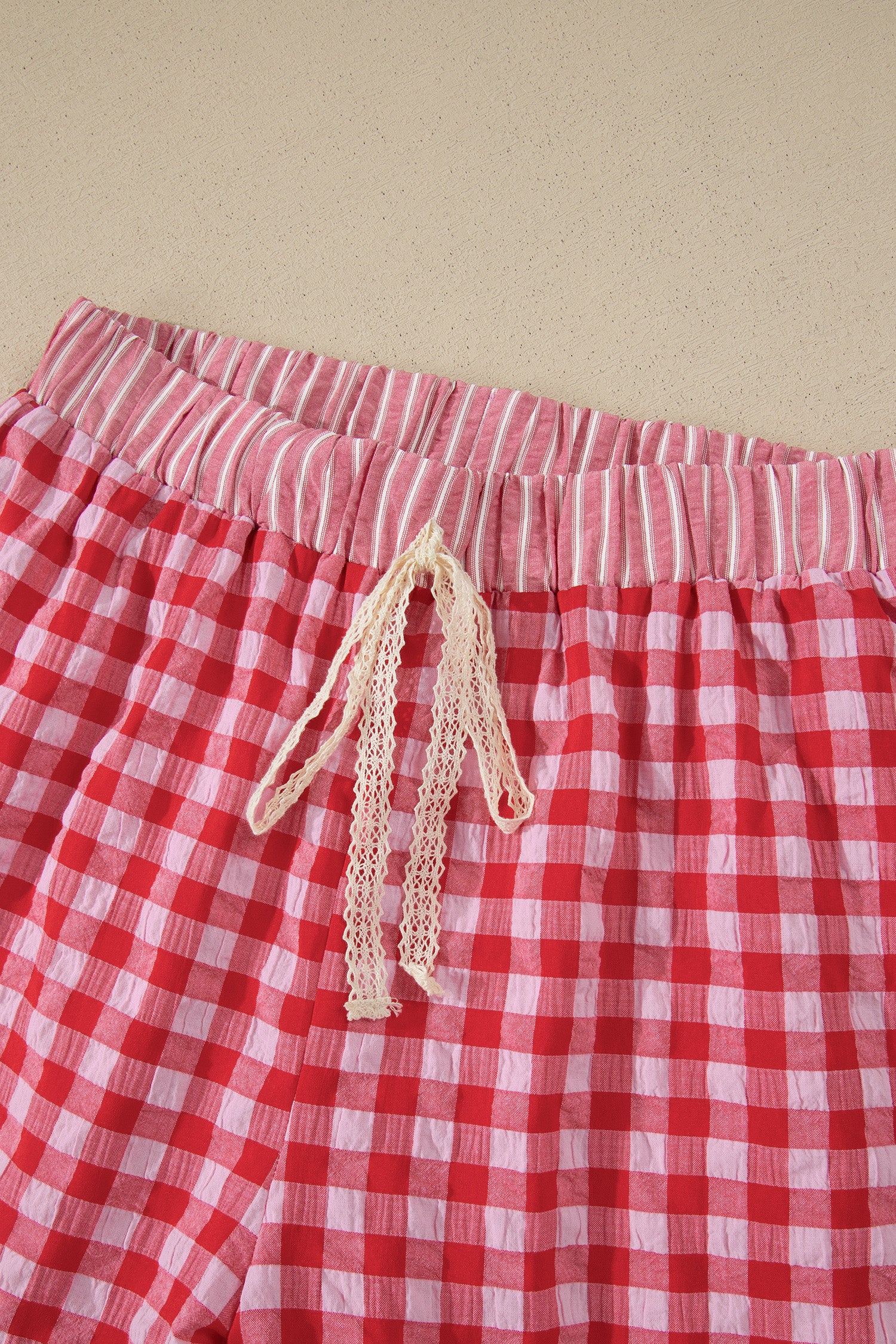 Sky Blue Gingham Print Ruffle Striped Detail Lace Tie Shorts