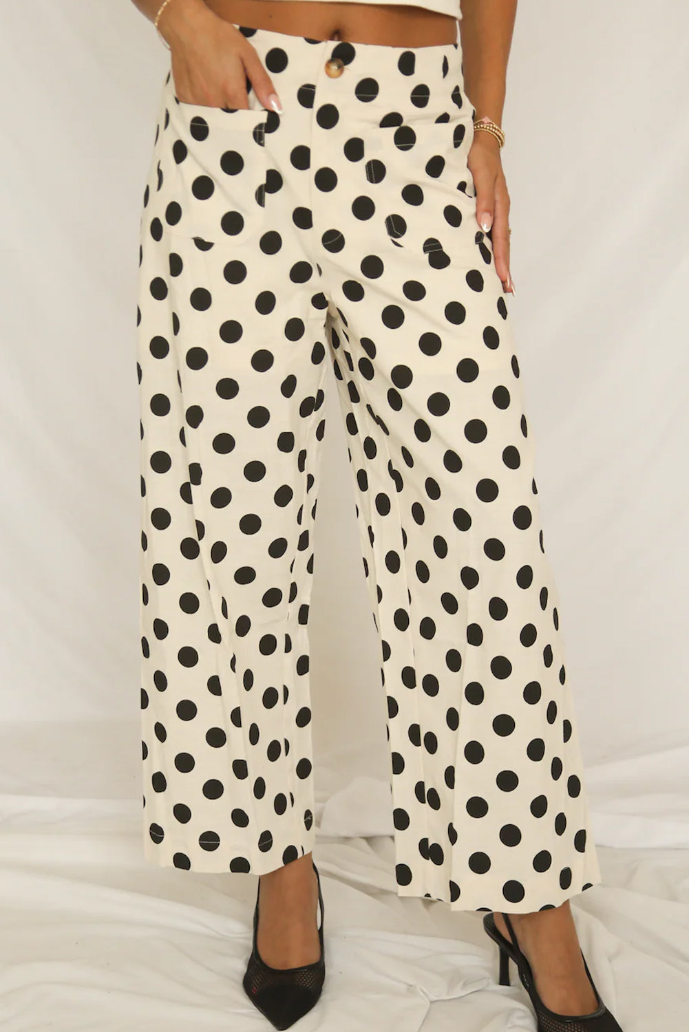 Sky Blue Polka Dot Print Patched Pocket Mid-rise Straight Leg Pants