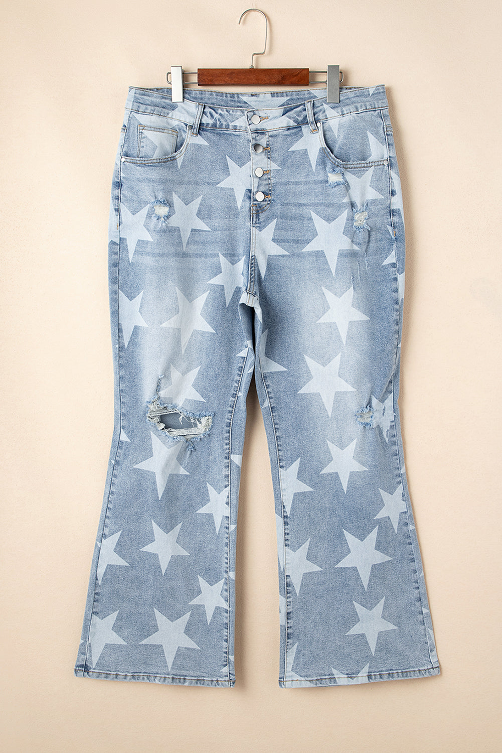 Sky Blue Star Print Multi Buttons Slit Knee Destroyed Plus Size Jeans