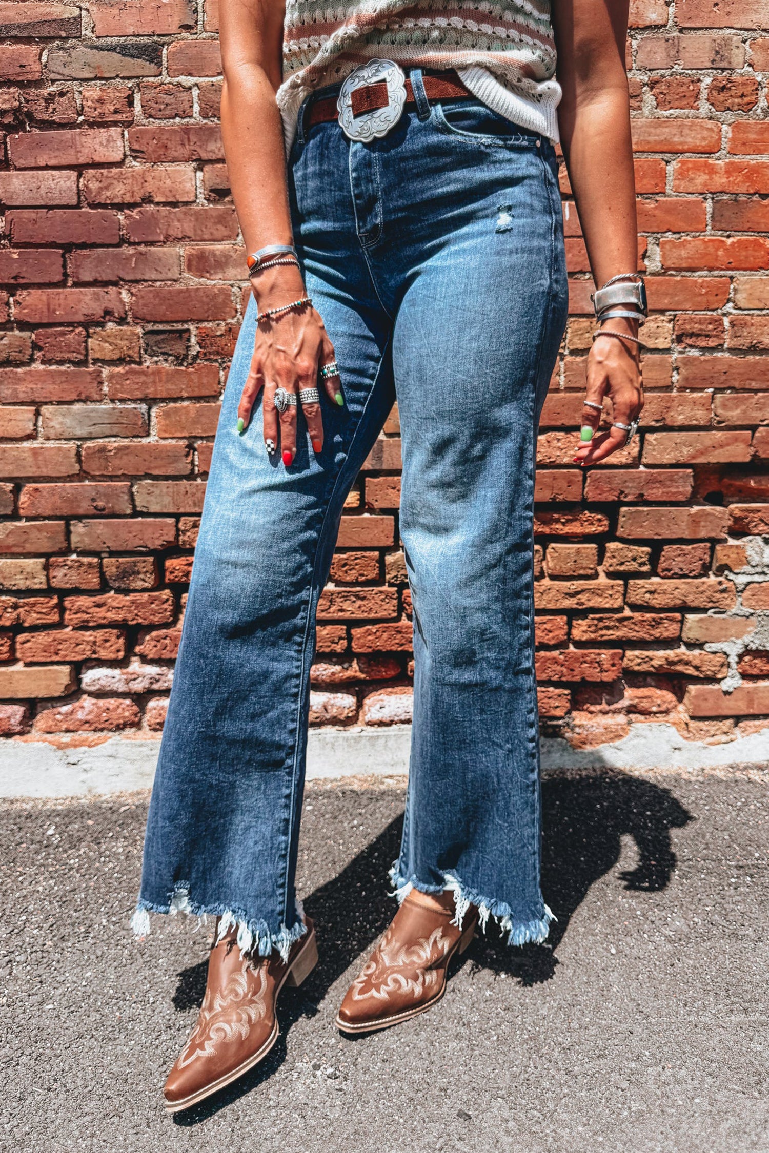 Ashleigh Blue Flare Leg Jeans Frayed Edge Pocket Casual Daily Ankle-length Denim Pants