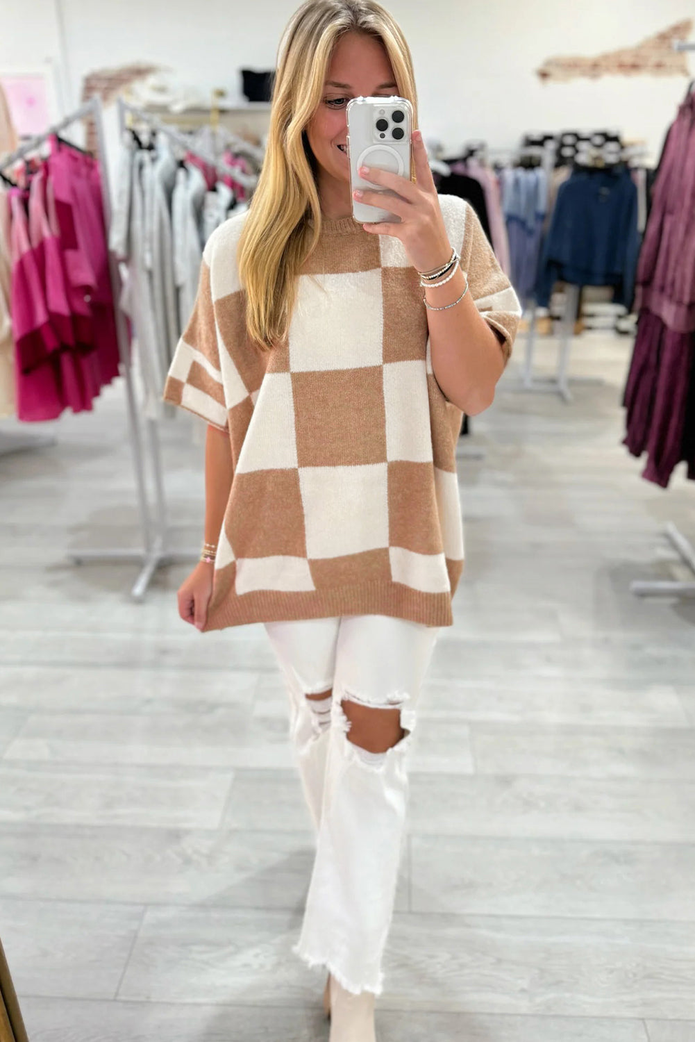 Black Checkered Pattern Loose Short Sleeve Sweater