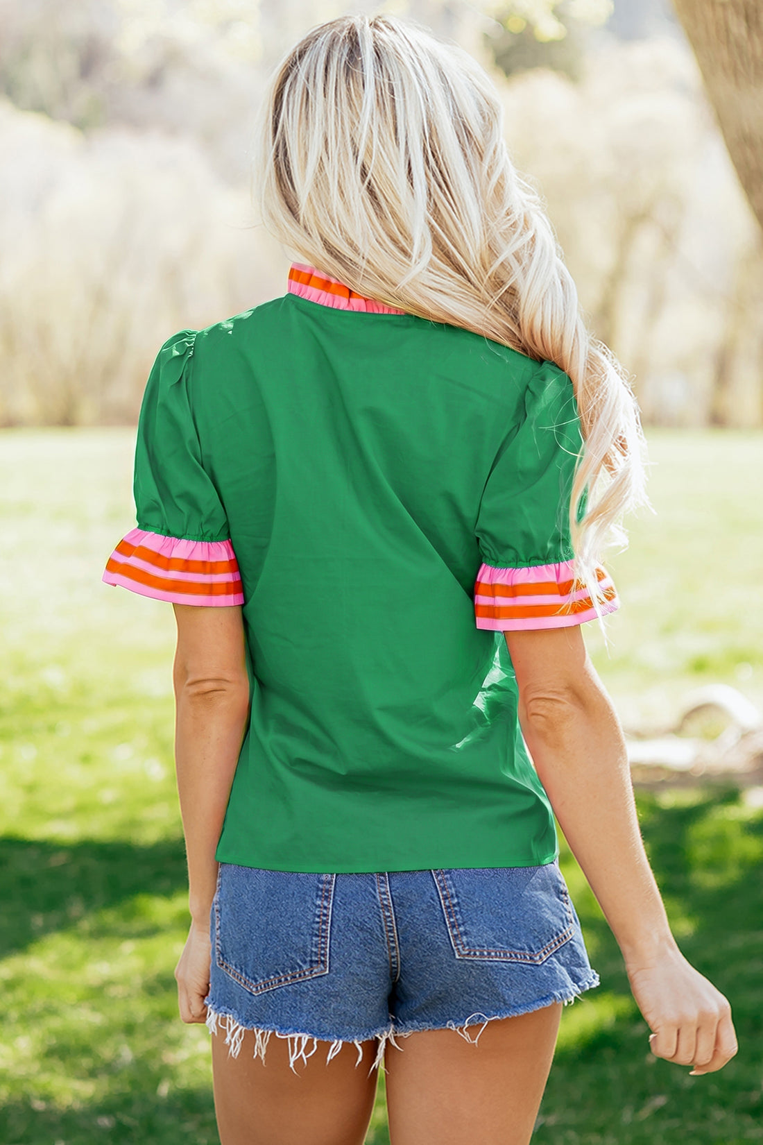 Green Striped Frilled Collar Ruffled Short Sleeve Blouse
