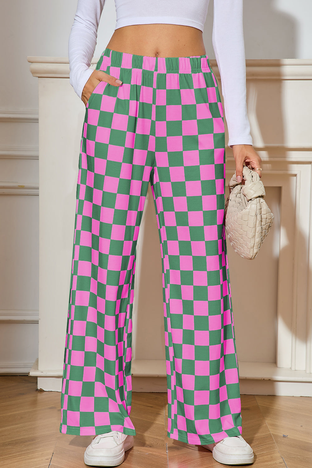 Red 2-Tone Checked Print High Waist Wide Leg Pants